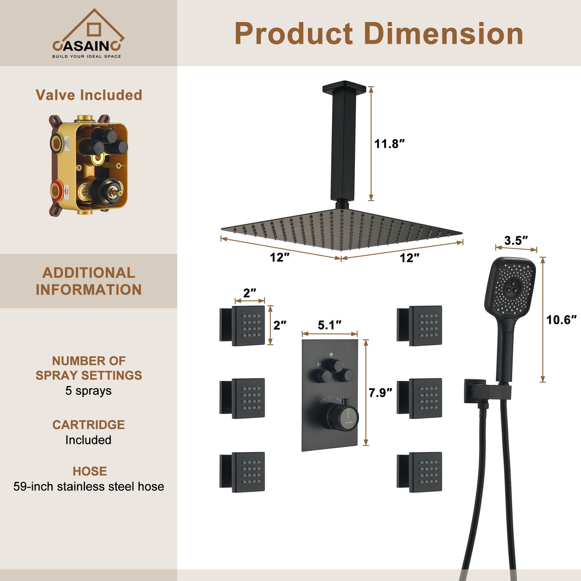 Revitalize 3-Function 12 Inch Ceiling Mount Rainfall Thermostatic Shower System with 6 Body Jets