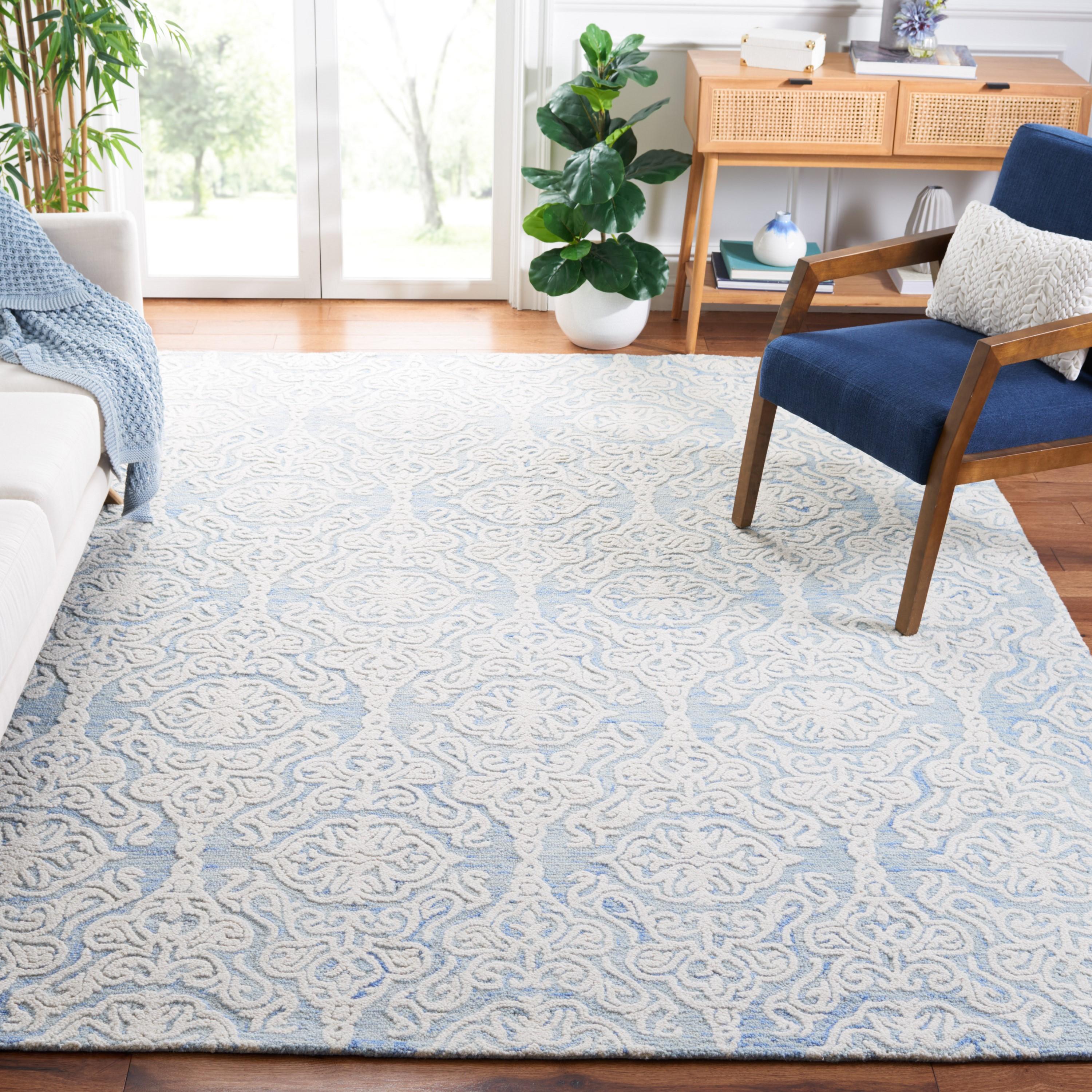 SAFAVIEH Blossom Asher Geometric Wool Area Rug, Blue/Ivory, 9' x 12'