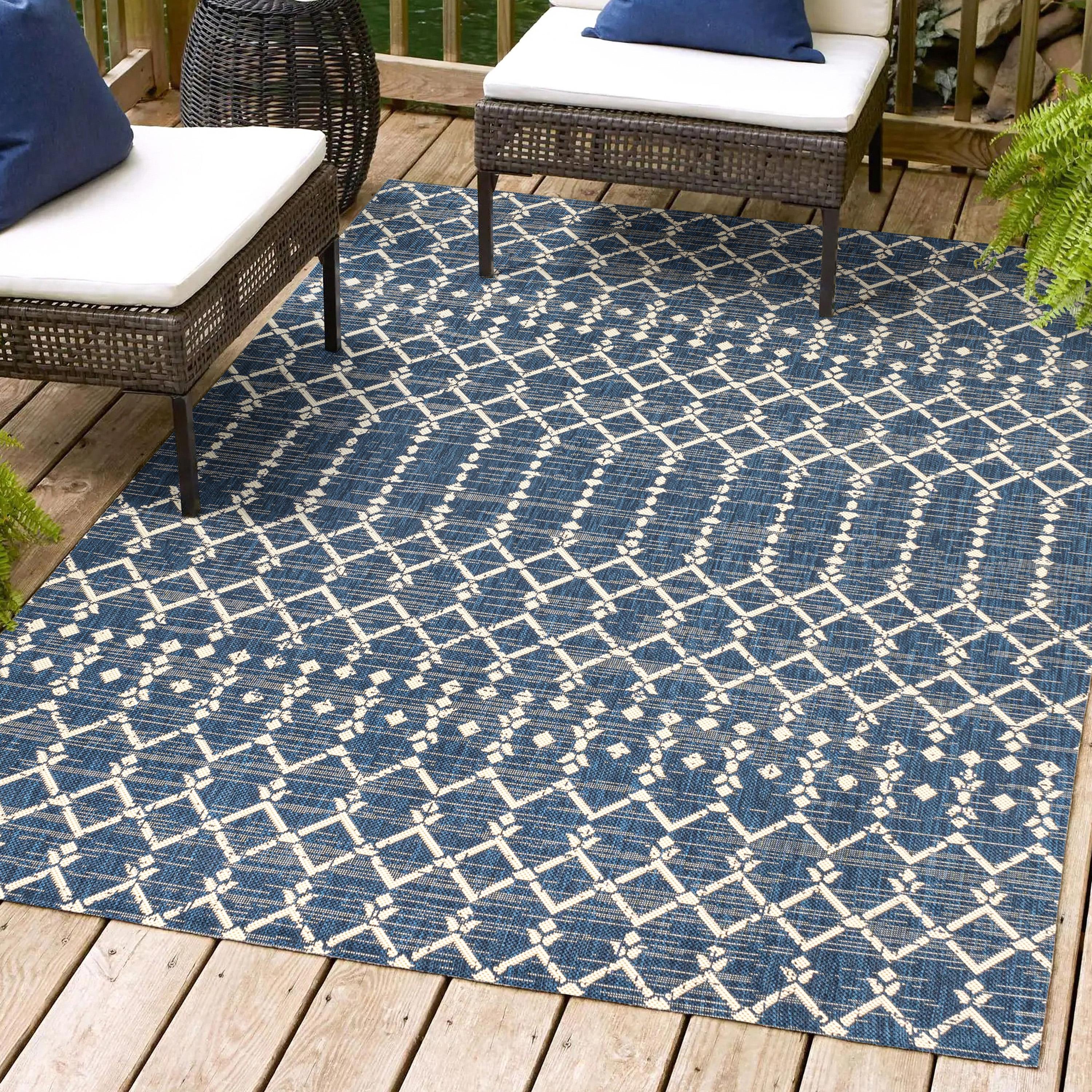 8' x 10' Ourika Moroccan Geometric Textured Weave Indoor/Outdoor Area Rug, Navy/Beige - JONATHAN Y