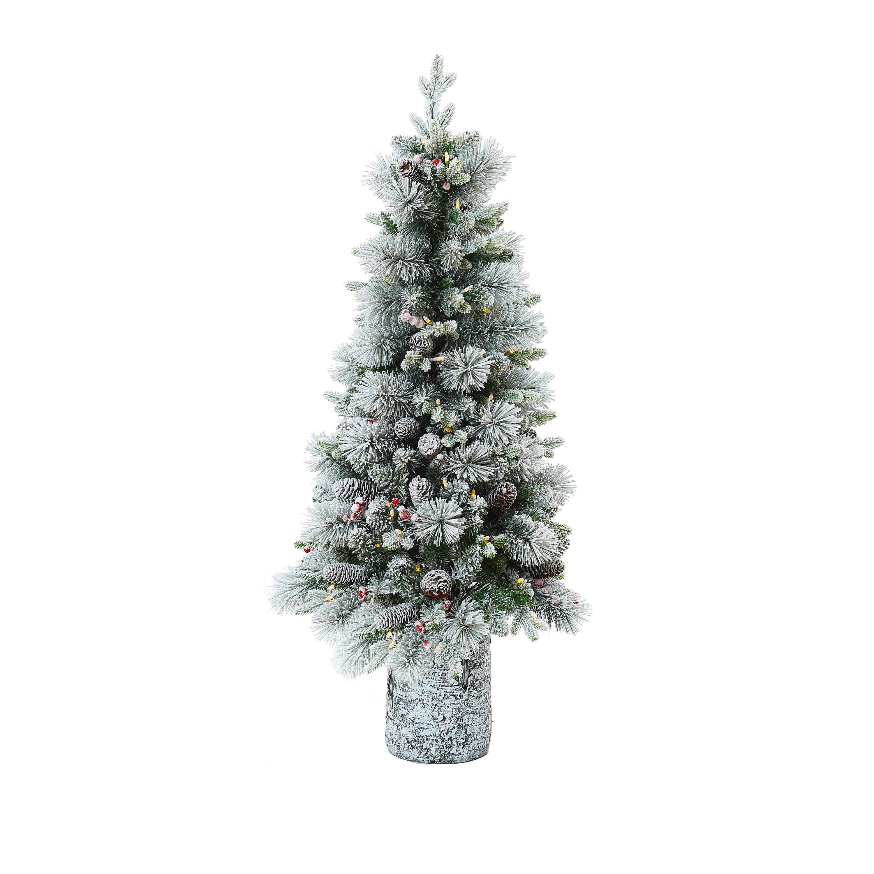 LuxenHome 4' Pre-Lit Green Flocked Potted Artificial Christmas Tree