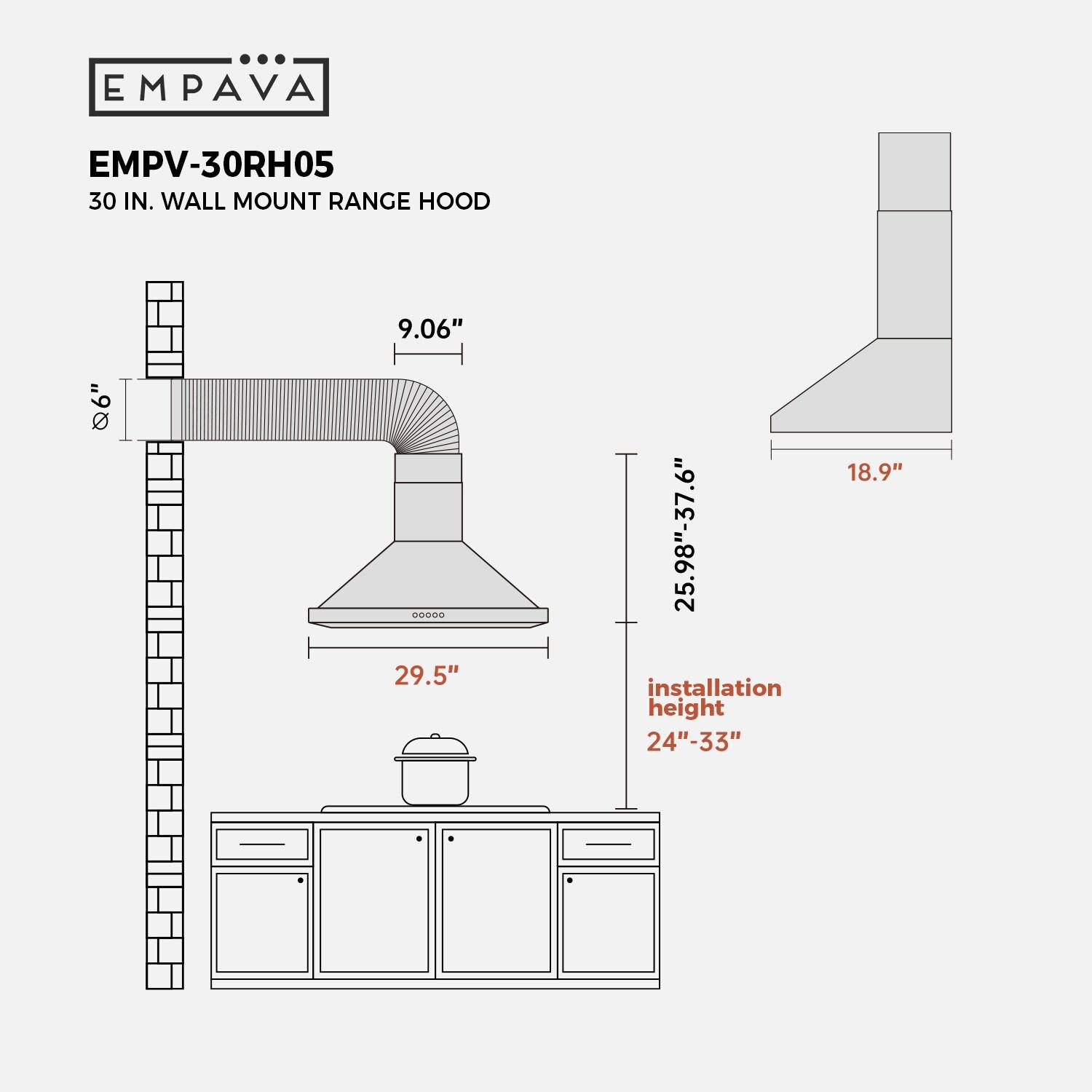Empava 30" Stainless Steel 400 CFM Ducted (Vented) Wall Range Hood with Baffle Filter