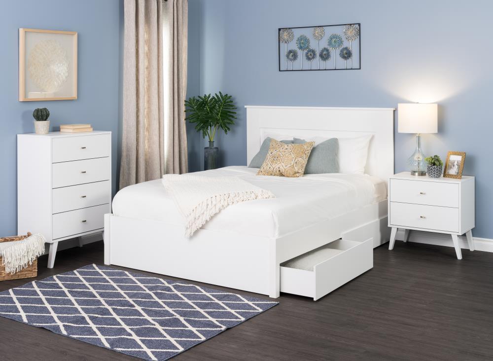 Mid Century Modern 2 Drawer Wide Nightstand White - Prepac: Sleek Bedside Table, Tapered Legs