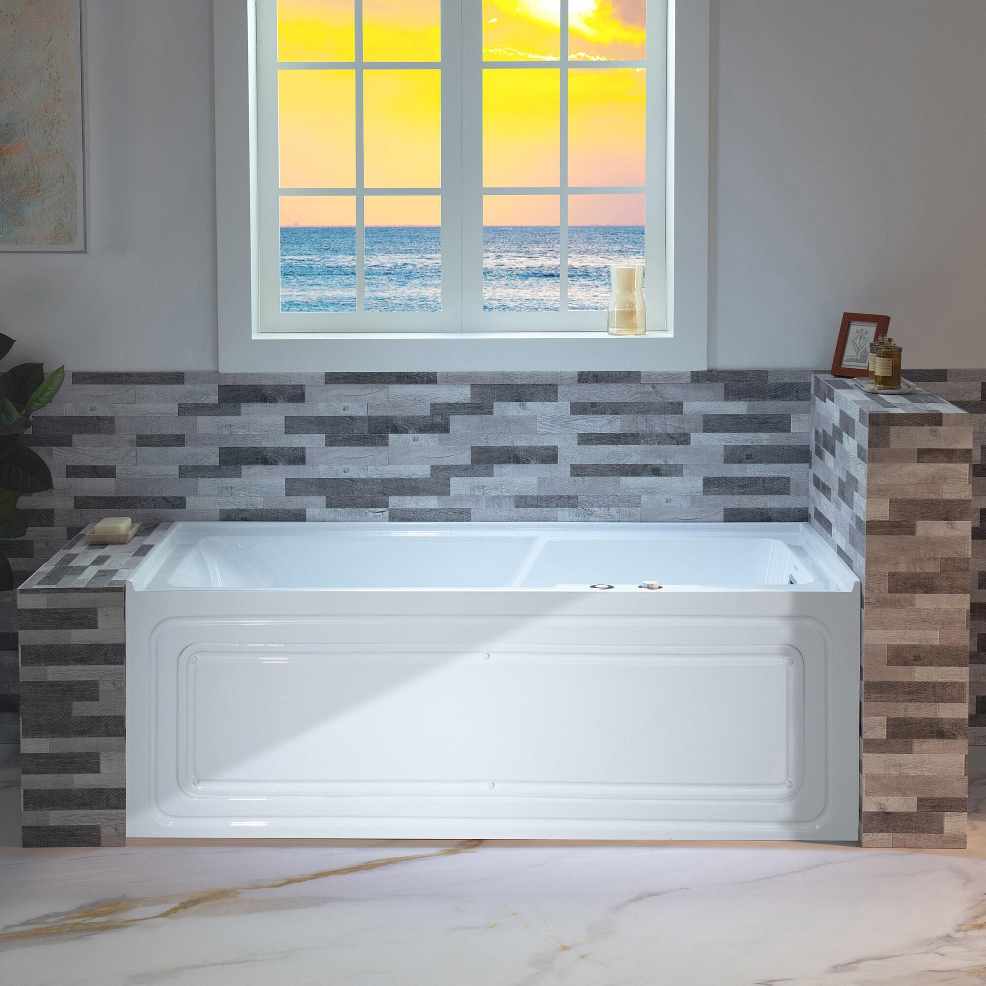 60" x 30" Whirlpool Heated Rectangular Alcove Acrylic Bathtub with Chrome/Matte Black Drain and Overflow