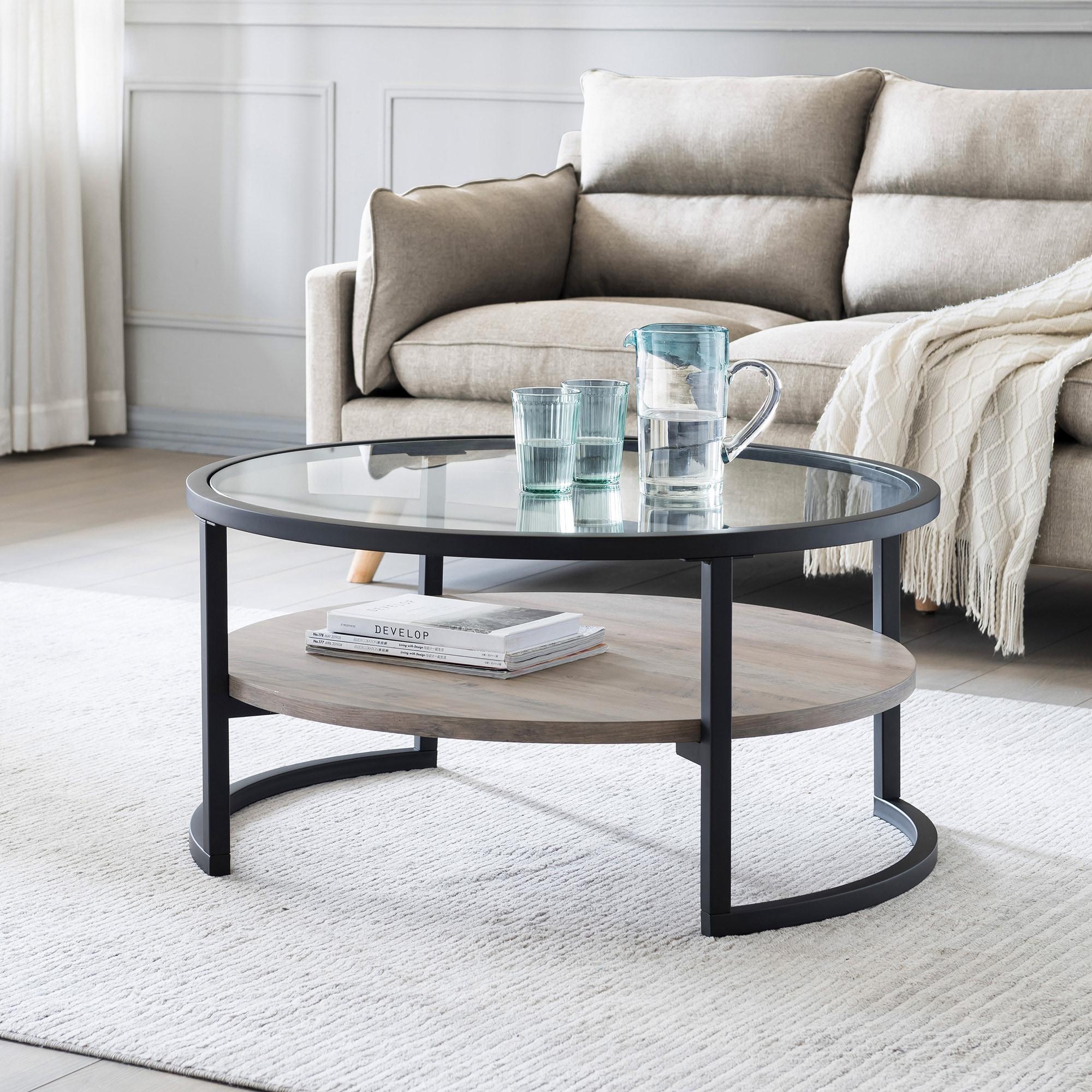 Evelyn&Zoe Winston 34.75" Wide Round Coffee Table, Blackened Bronze/Gray Oak