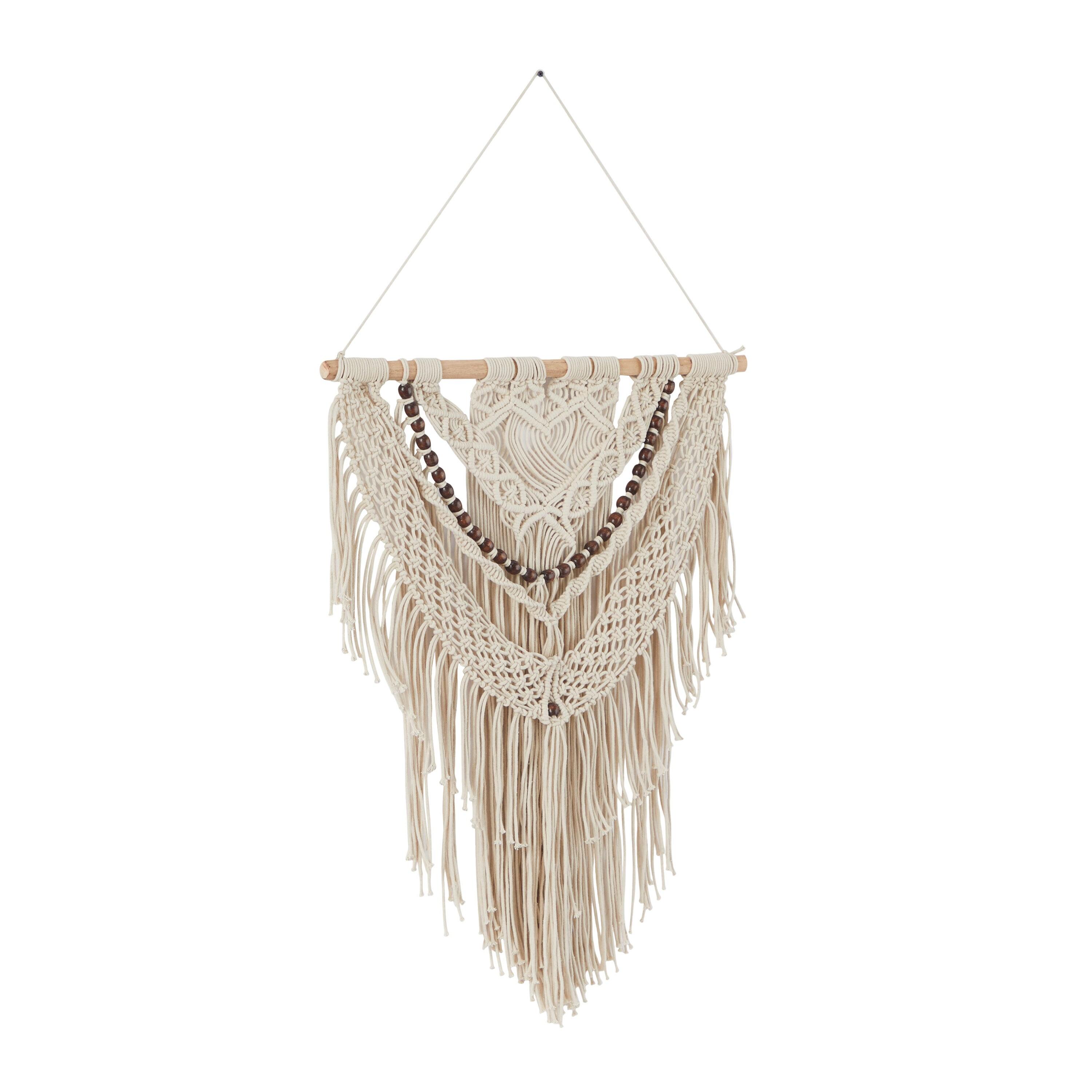 DecMode Cream Cotton Intricately Weaved Macrame Wall Decor with Beaded Fringe Tassels