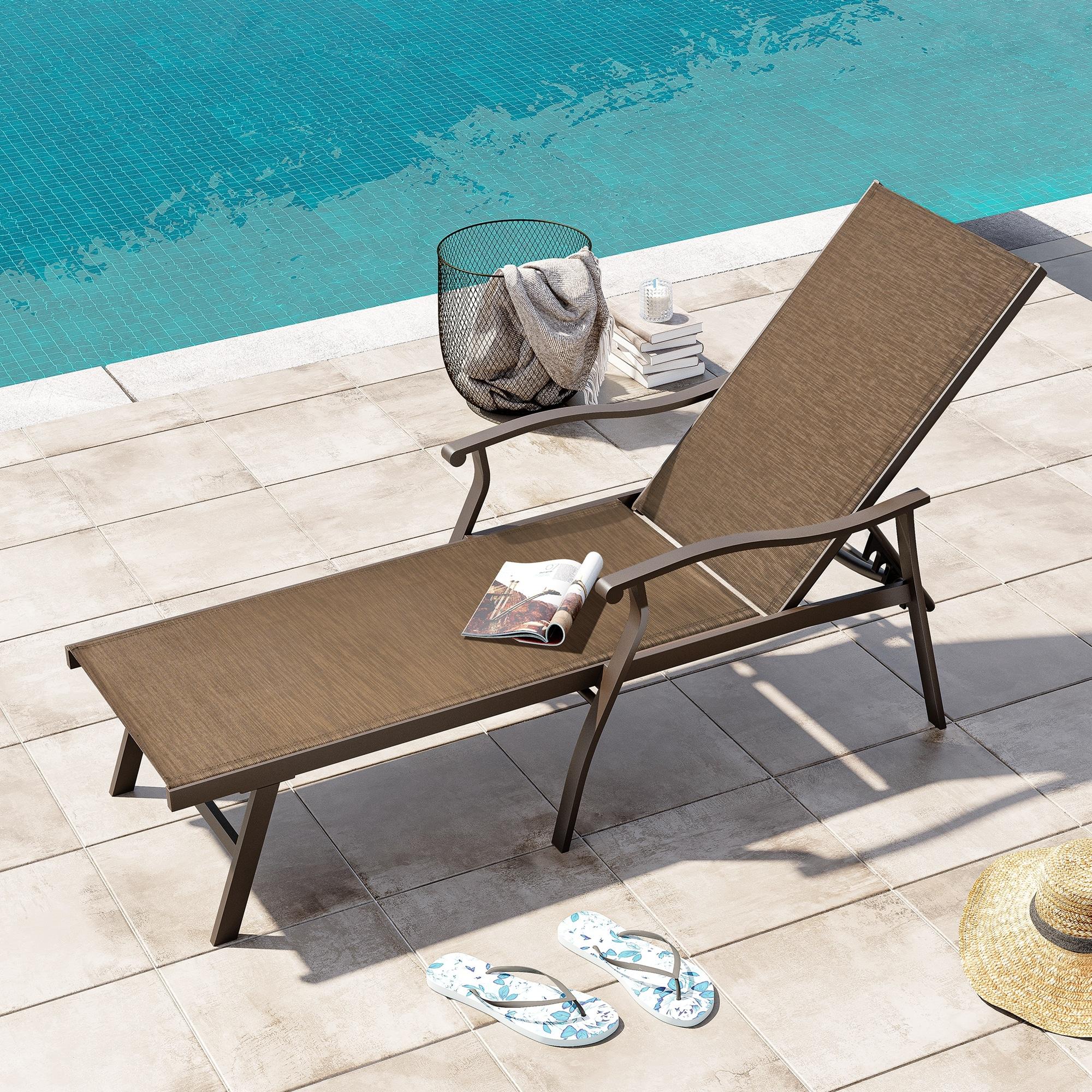 Outdoor Aluminum Adjustable Chaise Lounge Chair with Arms - Brown - Crestlive Products: Patio Furniture, Weather-Resistant