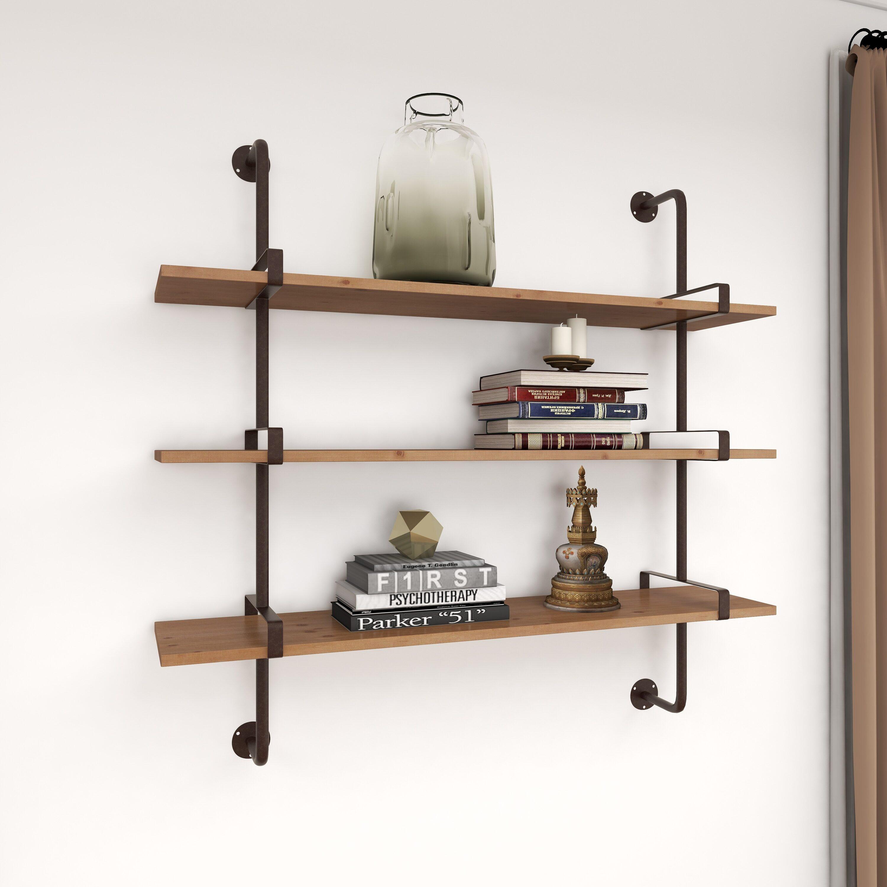 Wood 3 Level Wall Shelf with Black Metal Brackets