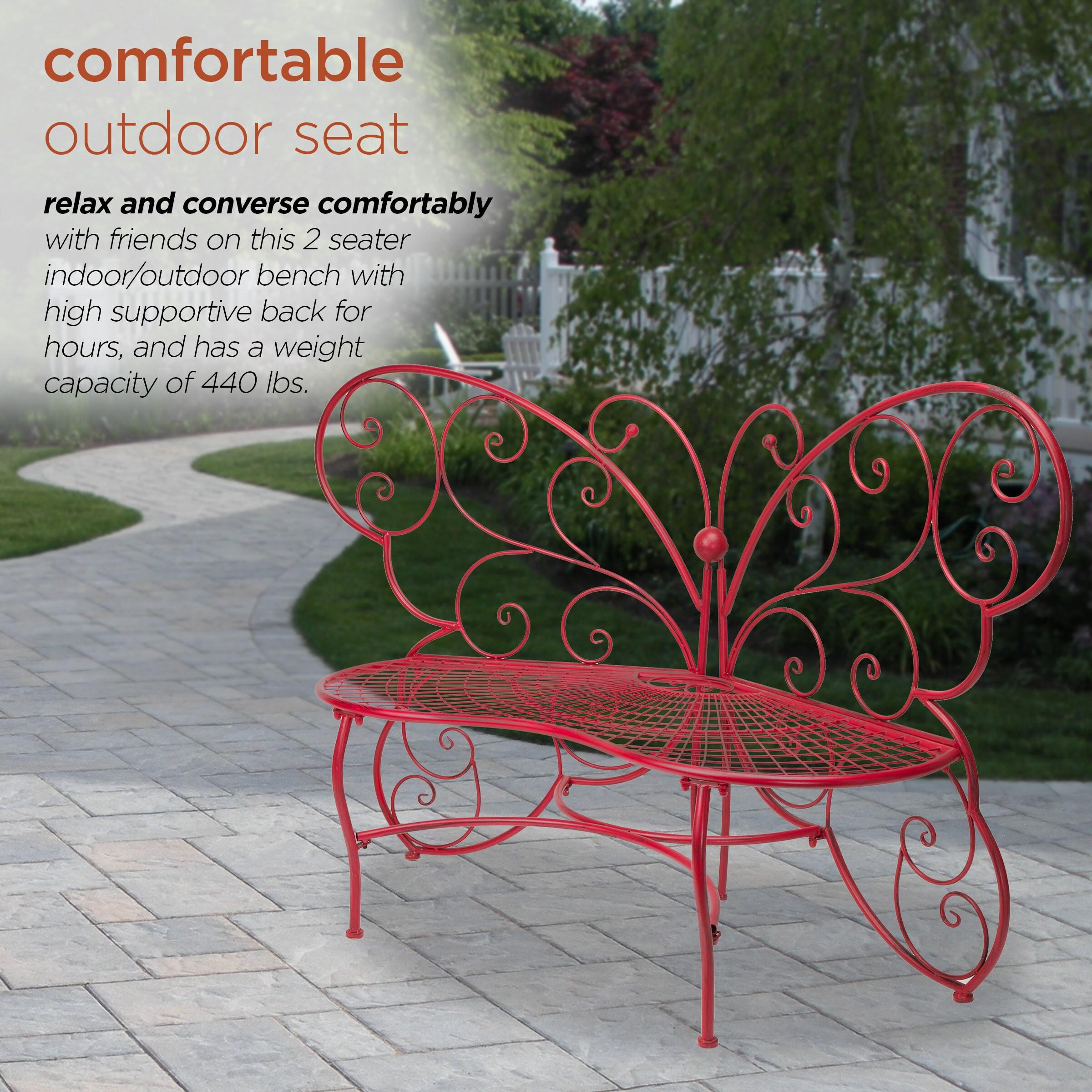 Butterfly Metal Bench Red - Alpine Corporation: Durable Garden Seating, Weather-Resistant Iron Construction