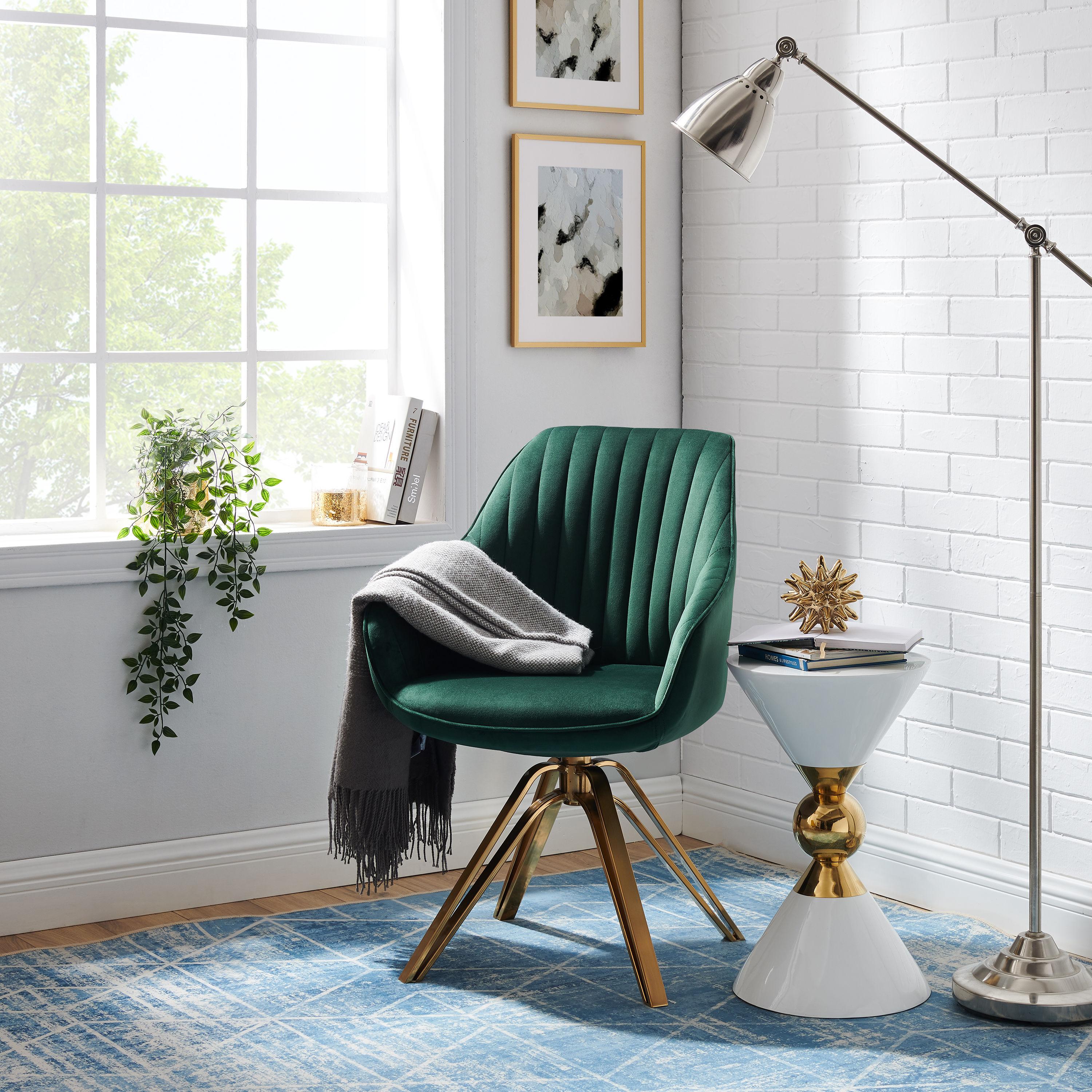 23 in. Green Velvet & Gold Swivel Arm Chair