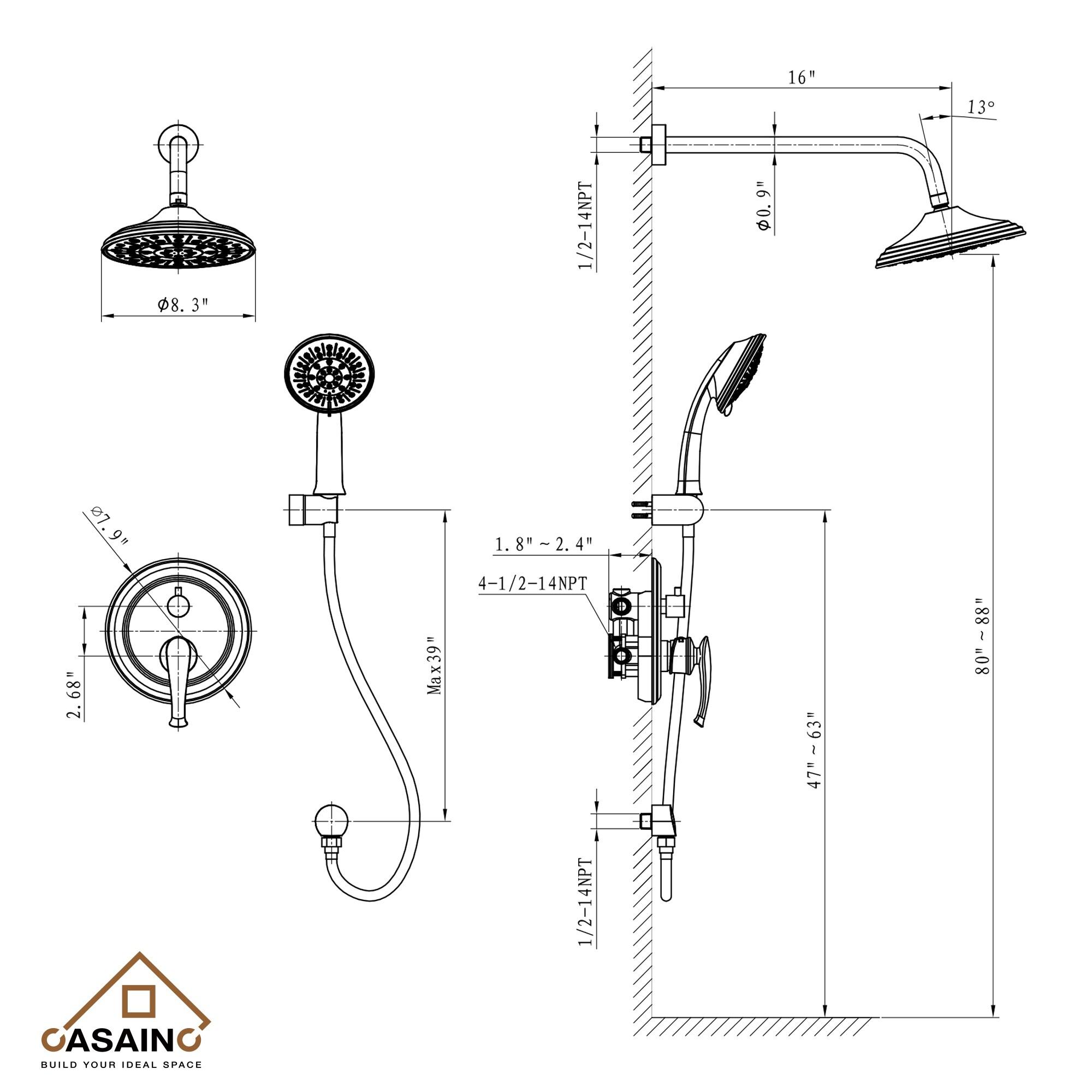 Retro Wall Mount 3 Funtions Rainfall Shower System with 3 Setting Handheld, Bath Spout, Rough-In Valve and Diverter