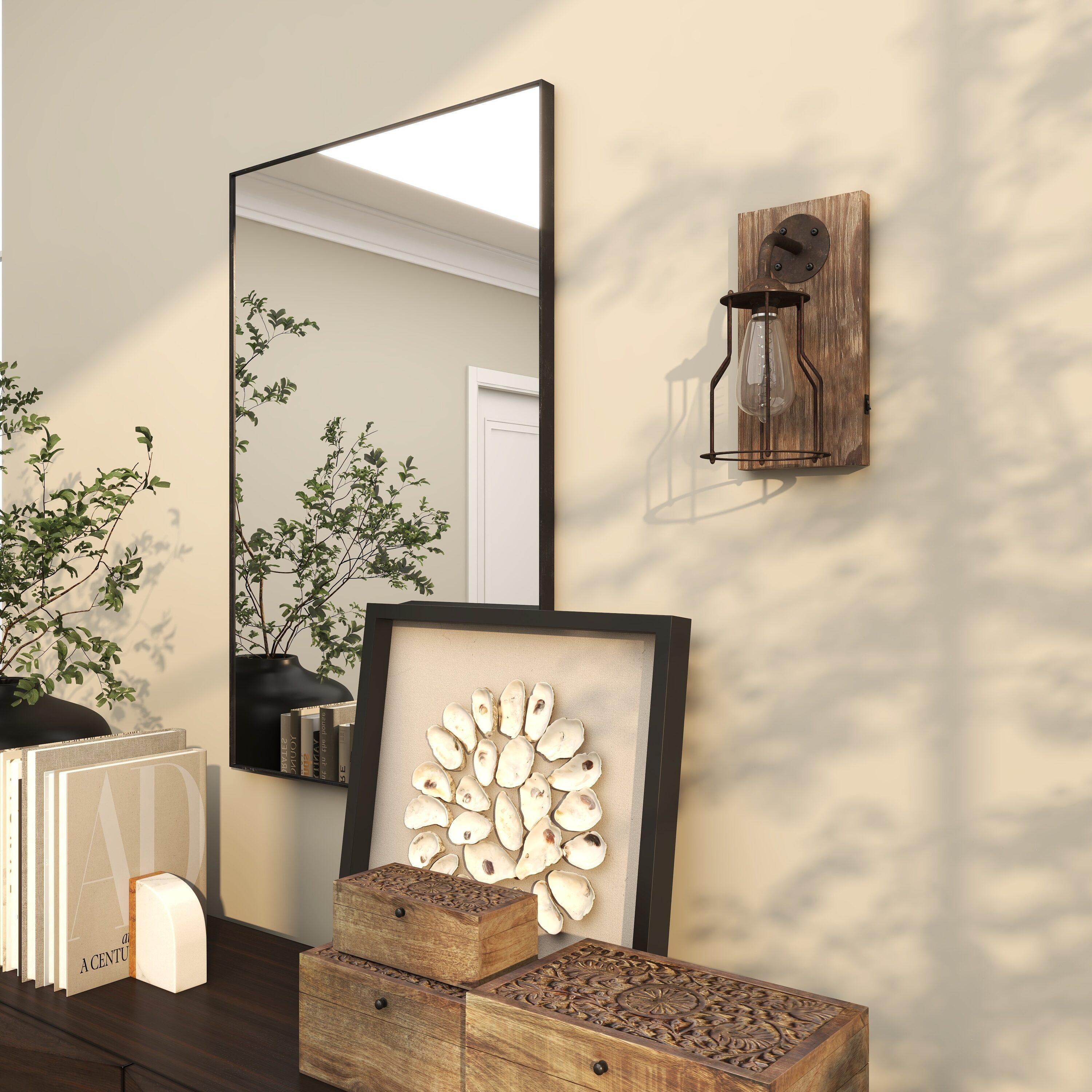 DecMode Industrial Metal Wall Sconce with Wood Backplate and Iron Cage, 6"W x 11"H Features Rustic Brown Finish