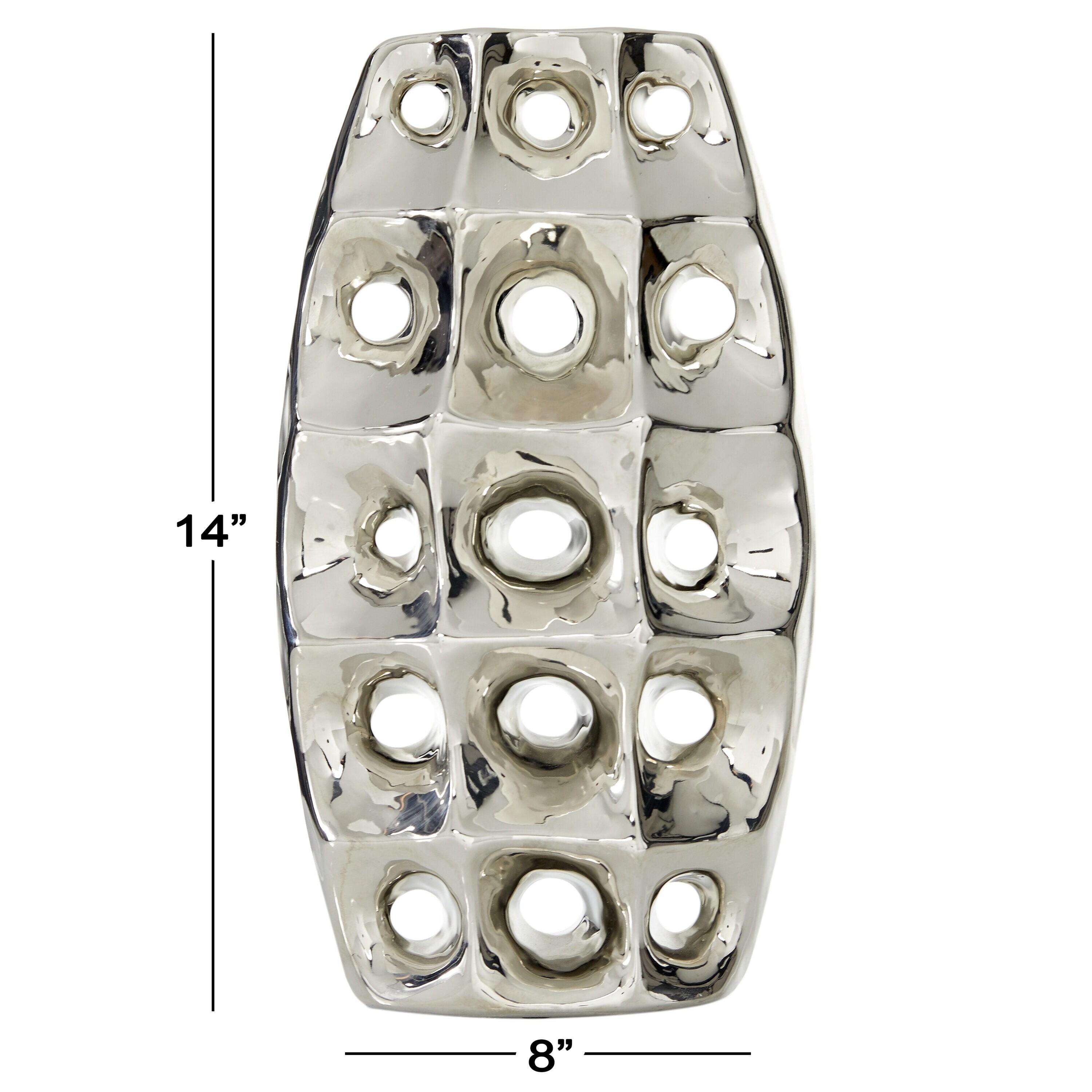 DecMode 14" Silver Ceramic Vase with Cut Out Designs