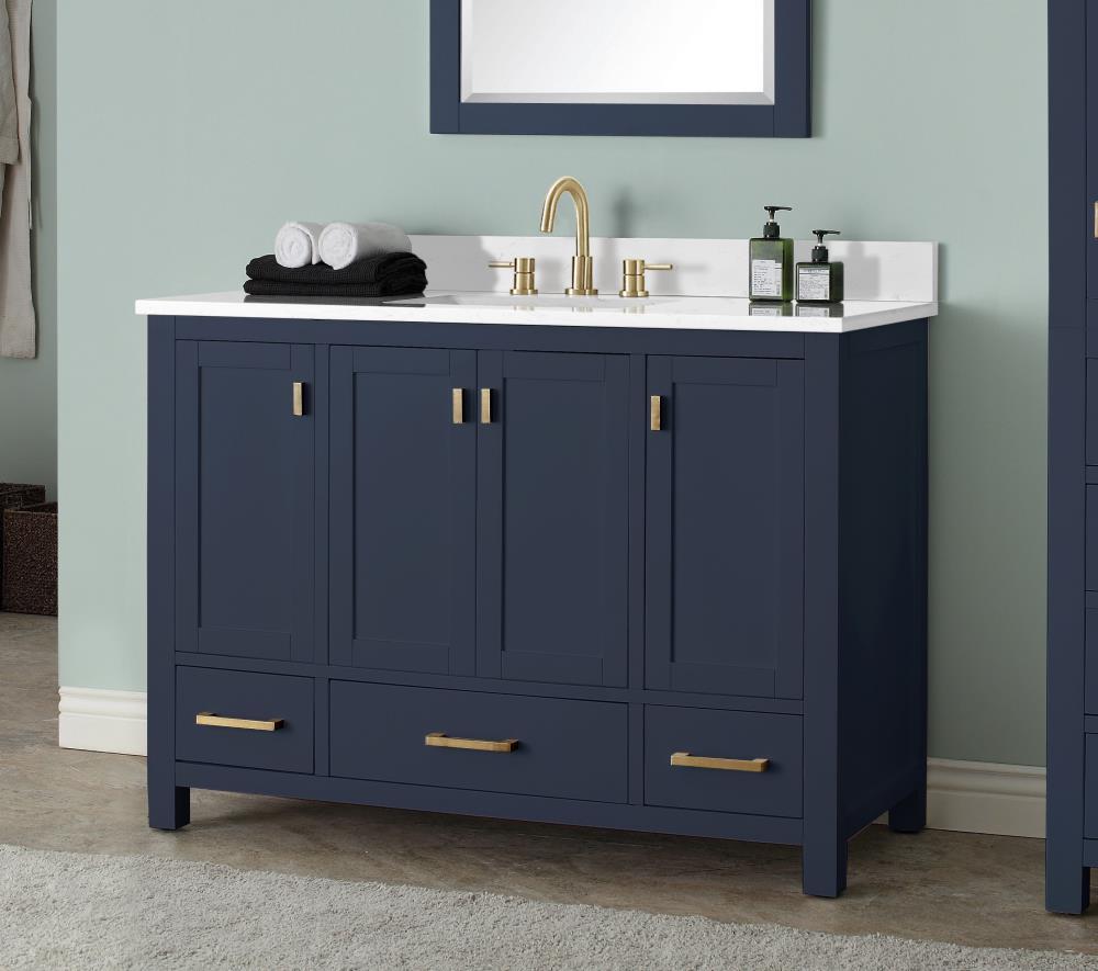 Navy Blue Solid Wood Single Sink Vanity with Stone Top