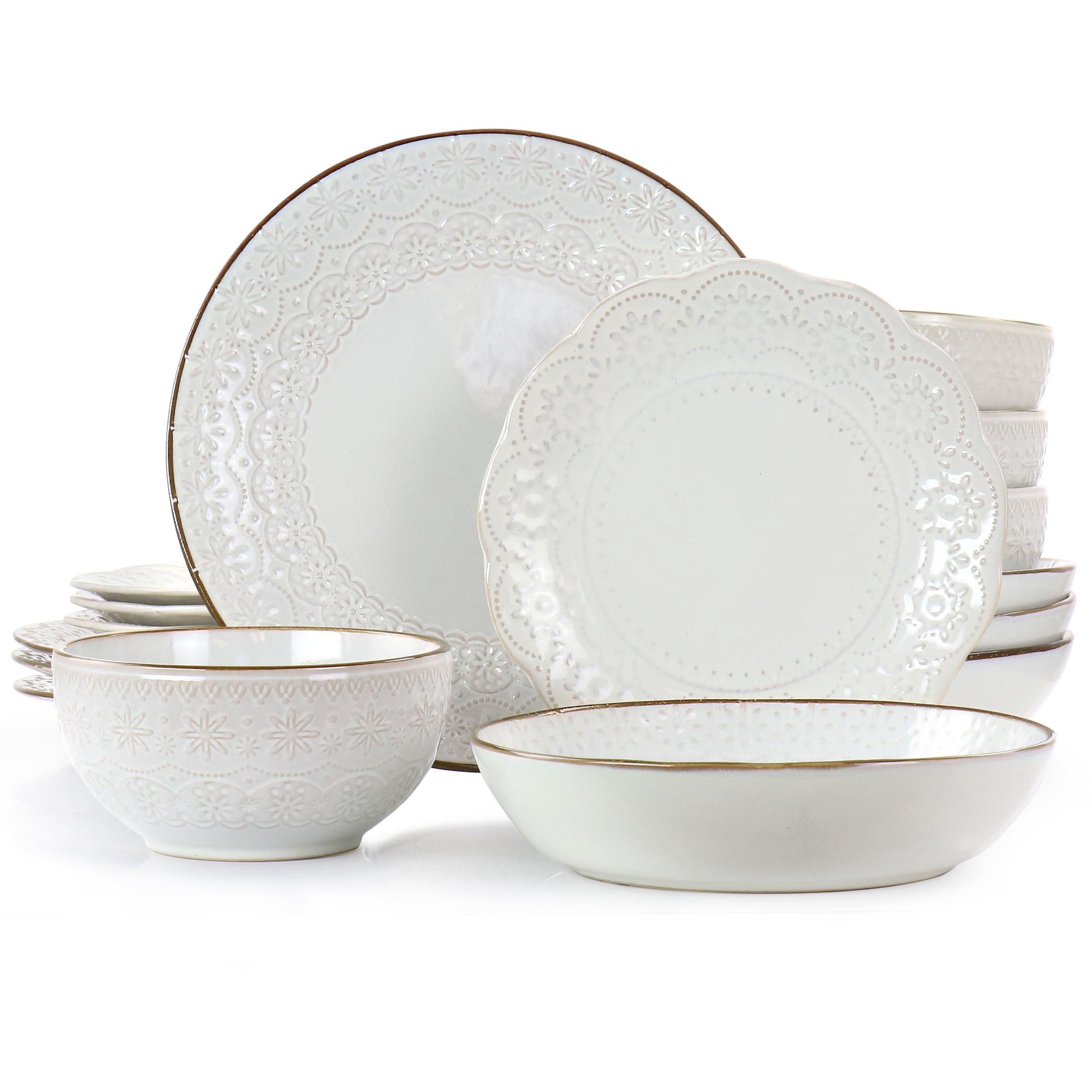 Elama Countess 16 Piece Embossed Double Bowl Stoneware Dinnerware Set in Ivory