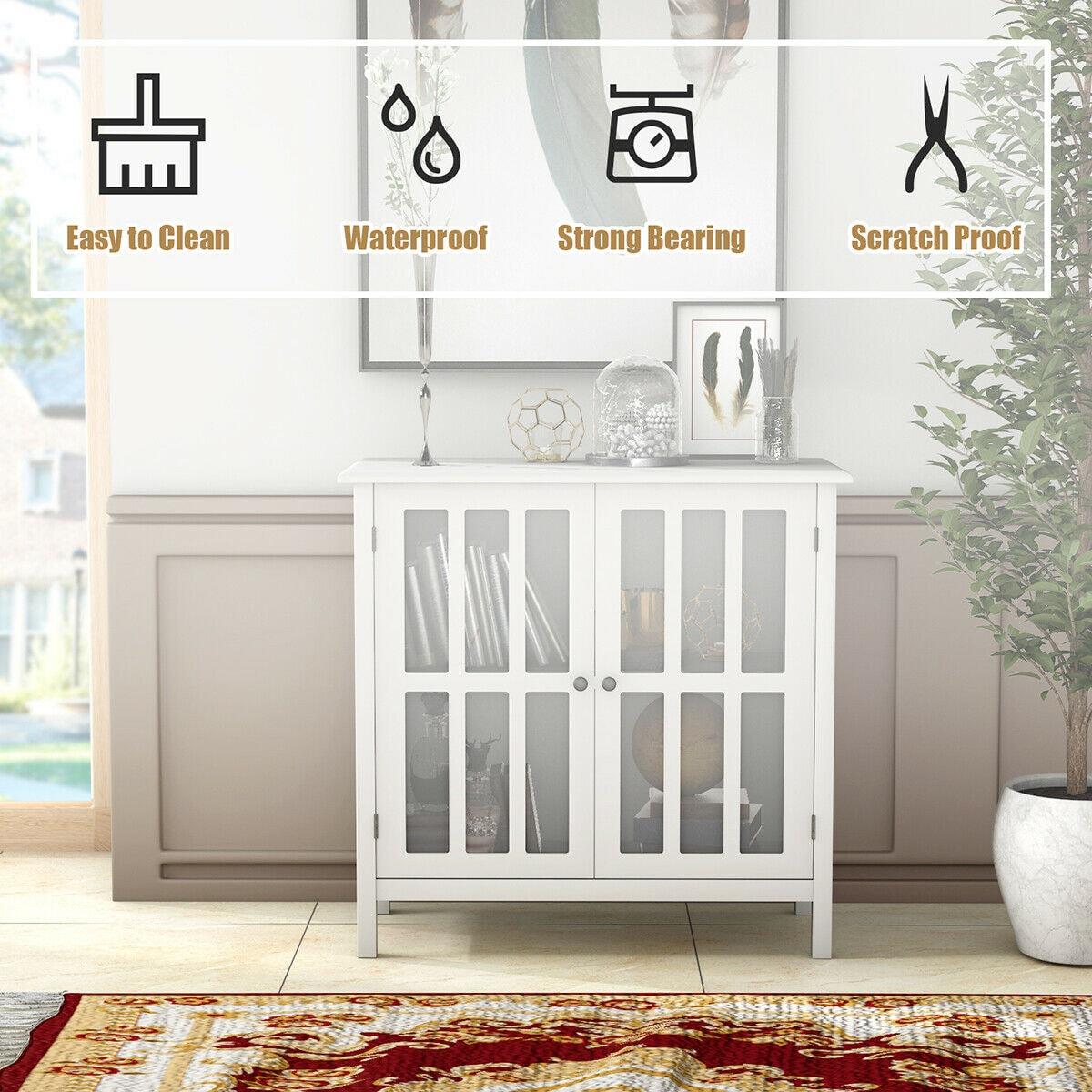 Costway 31'' Storage Buffet Cabinet Glass Door Sideboard Console Table Server Display White