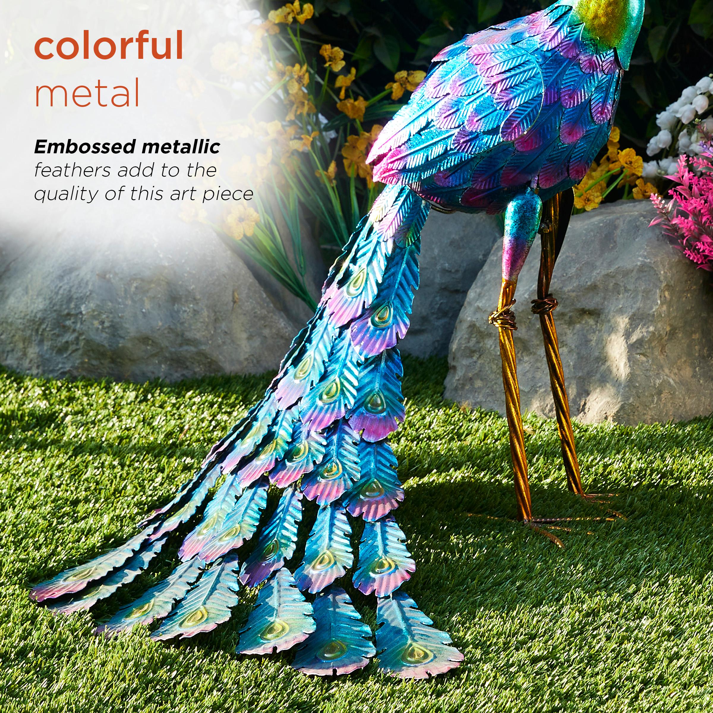 28" Metal Peacock Outdoor Decor With Glossy Finish Statue - Alpine Corporation: Garden Art, No Battery Required