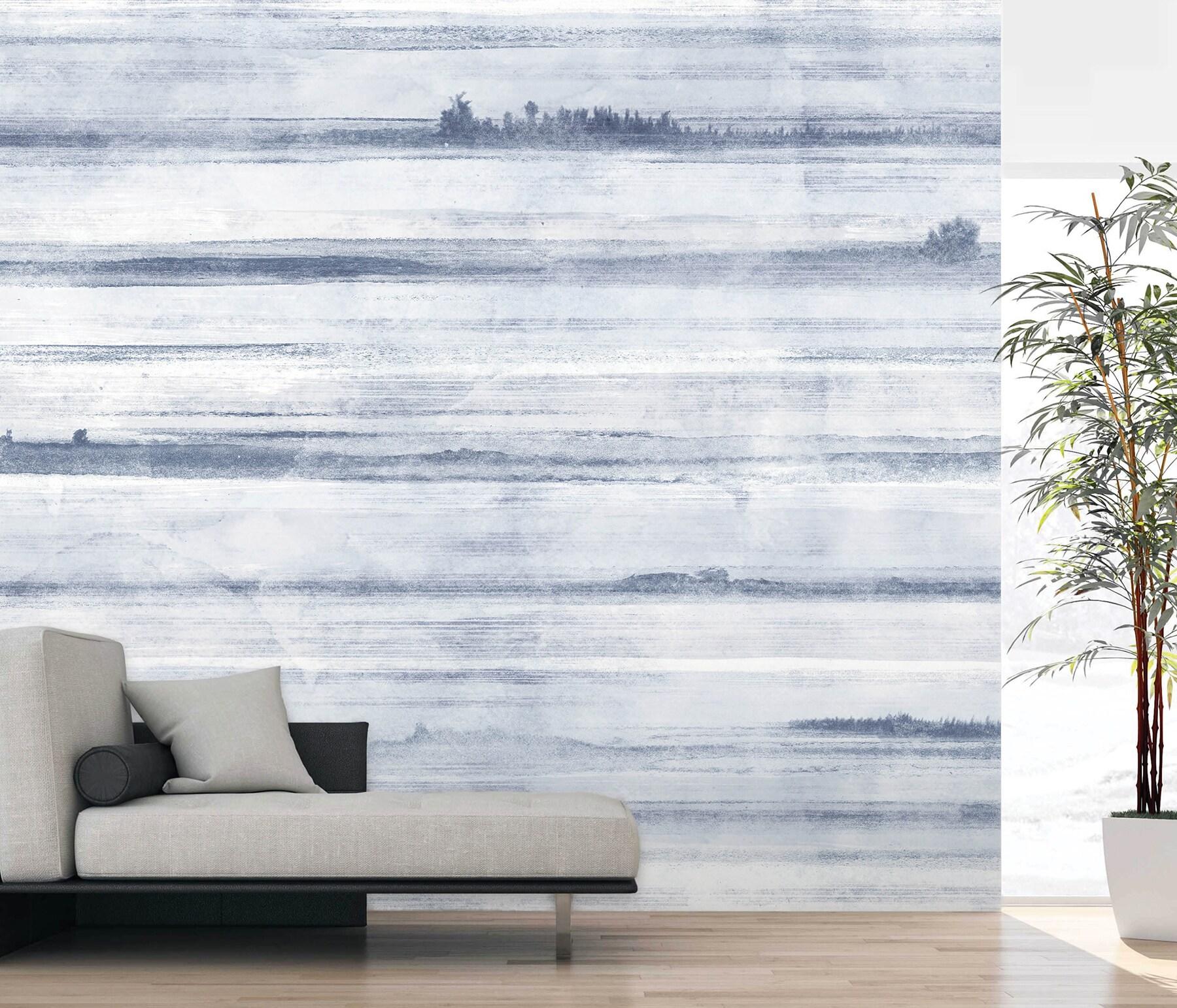 Ocean Blue and White Striped Washable Wall Mural