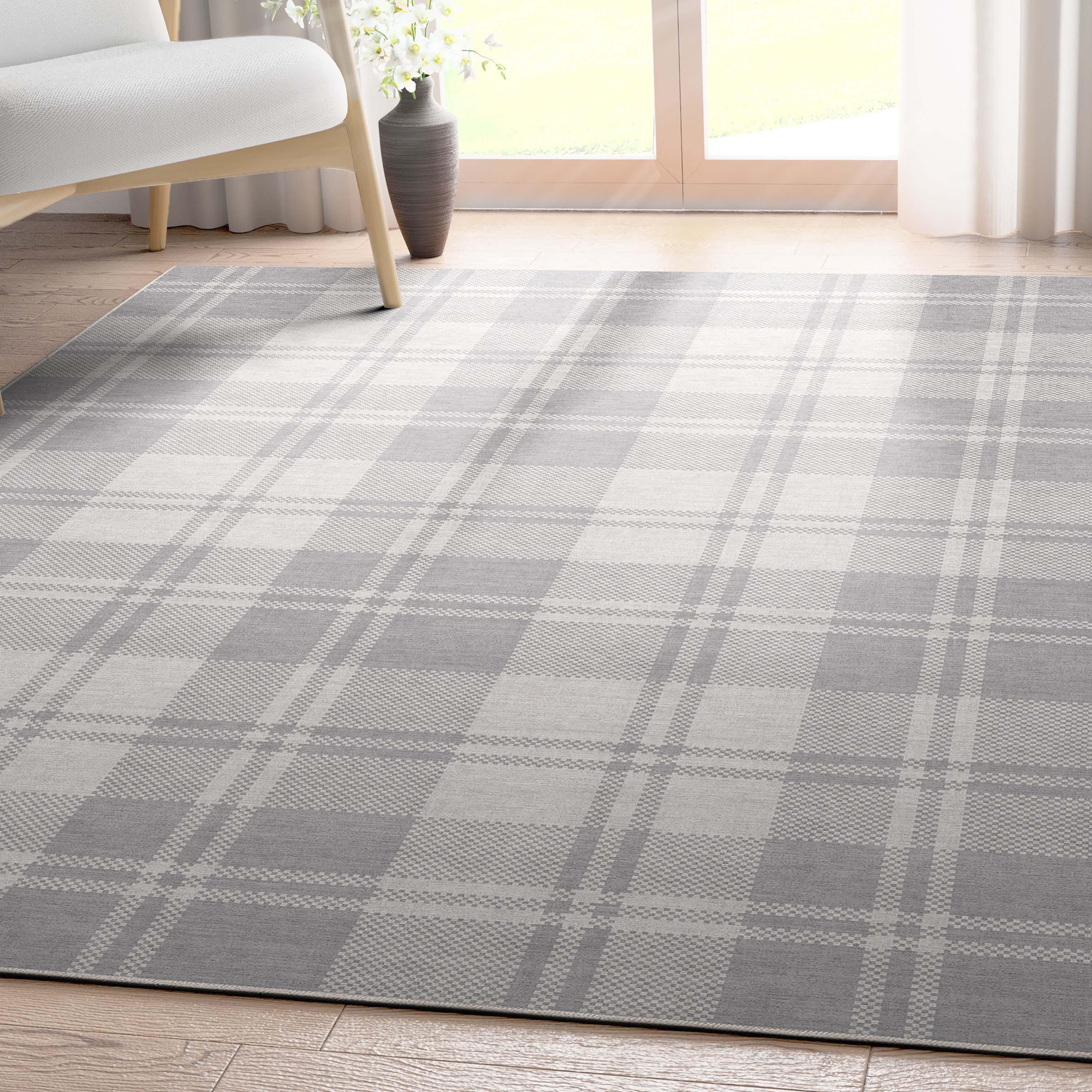 My Magic Carpet Buffalo Plaid Grey And White Plaid Flatweave Brown/Ivory Washable Area Rug | Wayfair
