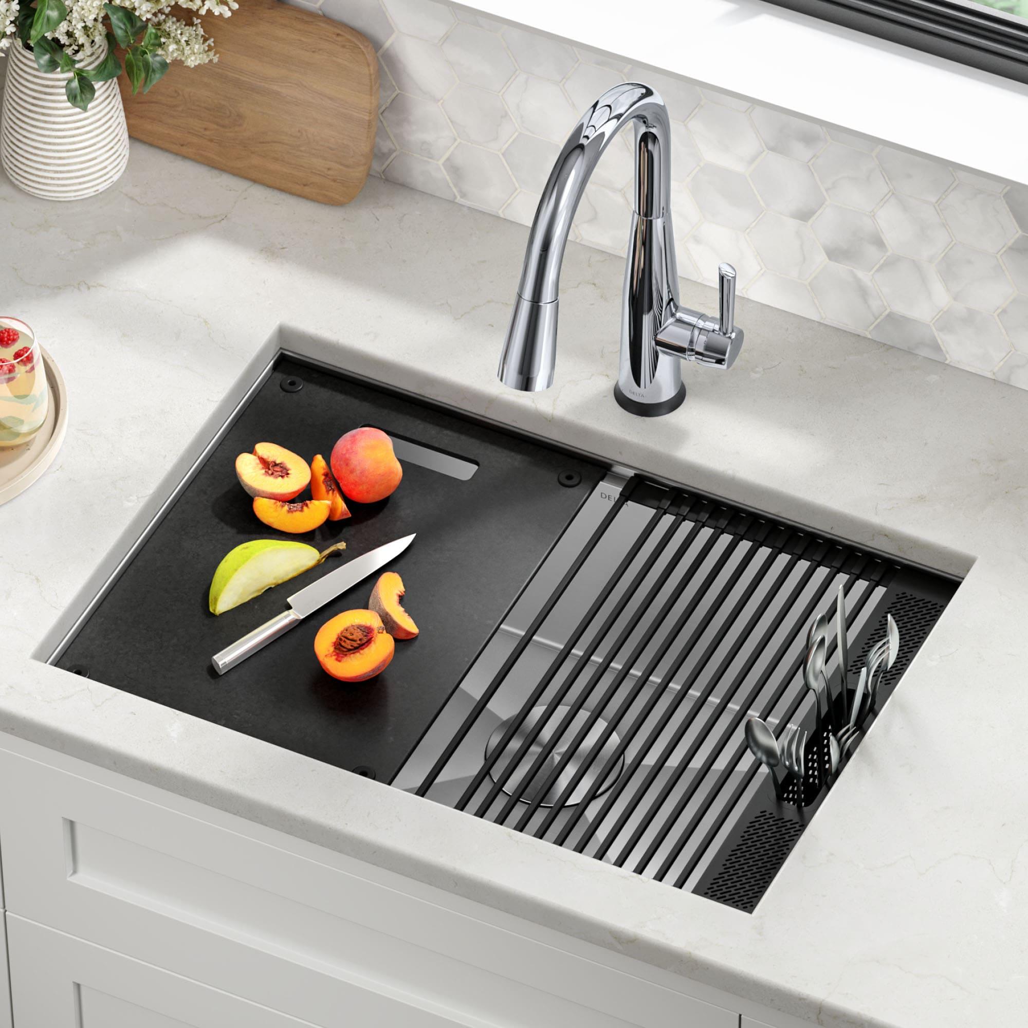 Delta Rivet™ 27" L Workstation Kitchen Sink Undermount 16 Gauge Stainless Steel Single Bowl with WorkFlow™ Ledge