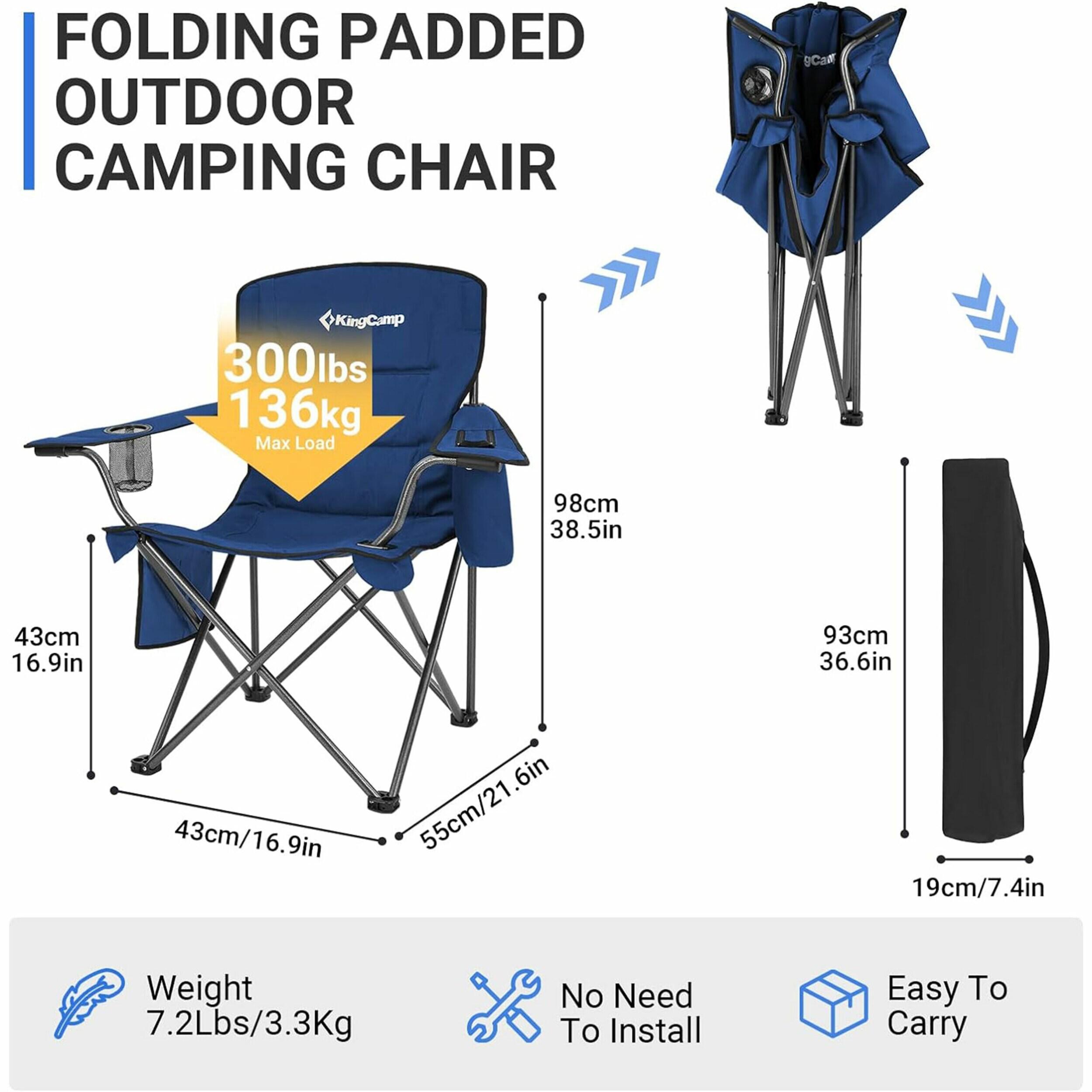 KingCamp Padded Portable Outdoor Folding Lounge Chair with Built In Cupholder, Insulated Cooler Sleeve, and Side Storage Pocket, Blue