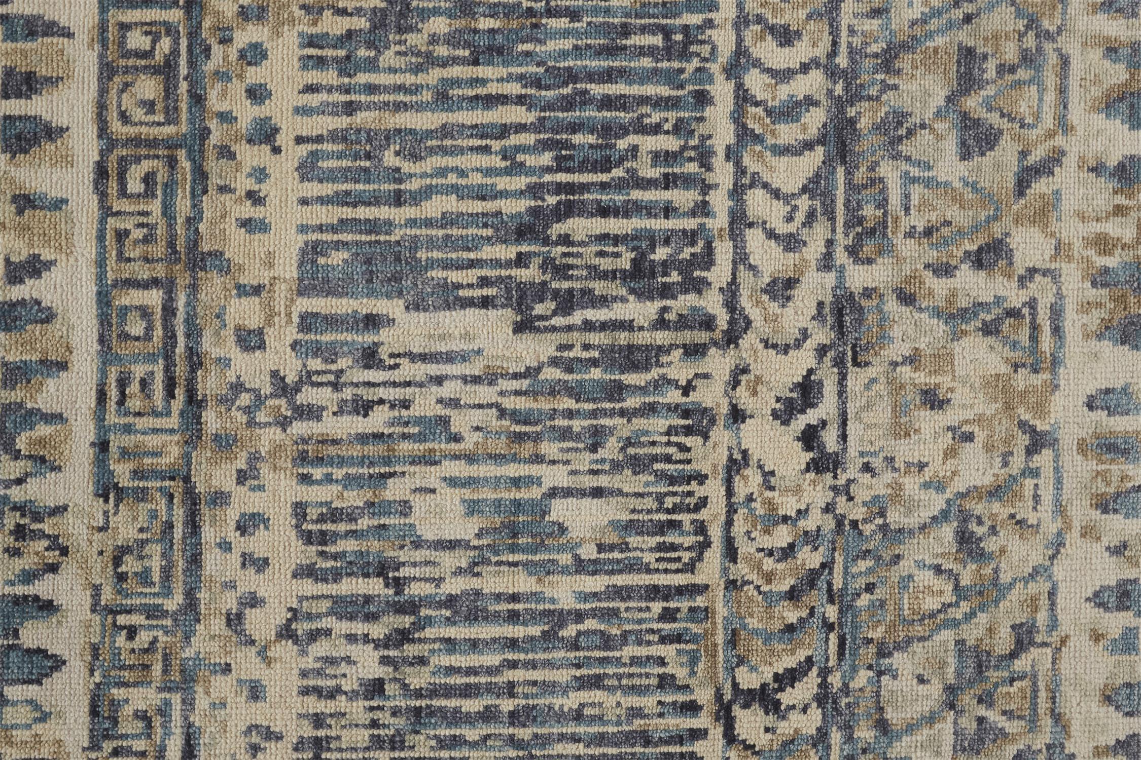 Ivory and Denim Blue Hand-Knotted Wool Abstract Rug