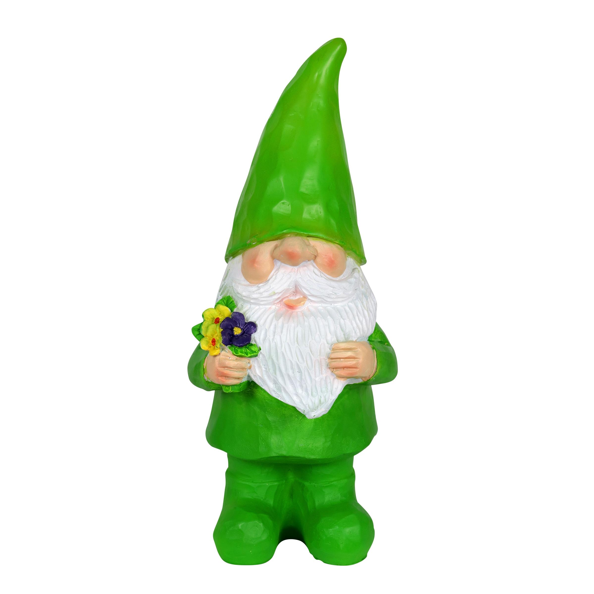 Green LED Solar-Powered Resin Garden Gnome with Flowers