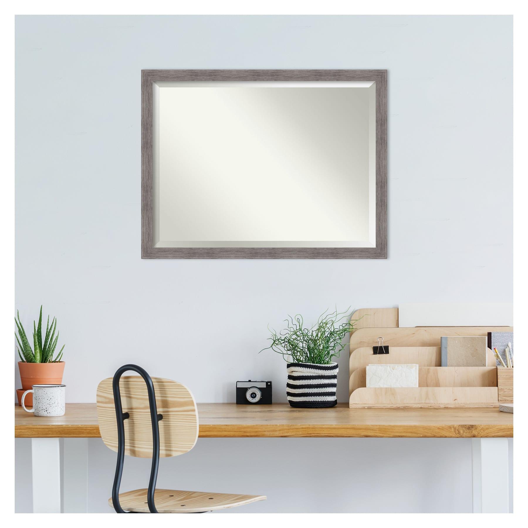 Amanti Art Beveled Bathroom Wall Mirror - Pinstripe Frame Pinstripe Plank Grey Narrow Outer Size: 43 x 33 in