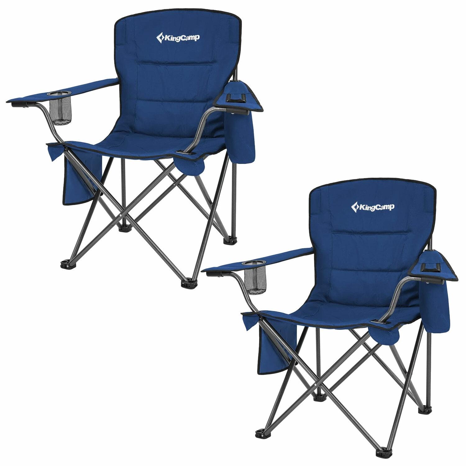 KingCamp Padded Folding Lounge Chairs with Built In Cupholder, Insulated Cooler Sleeve, and Side Storage Pocket for Indoor and Outdoors, 2 Packs, Blue