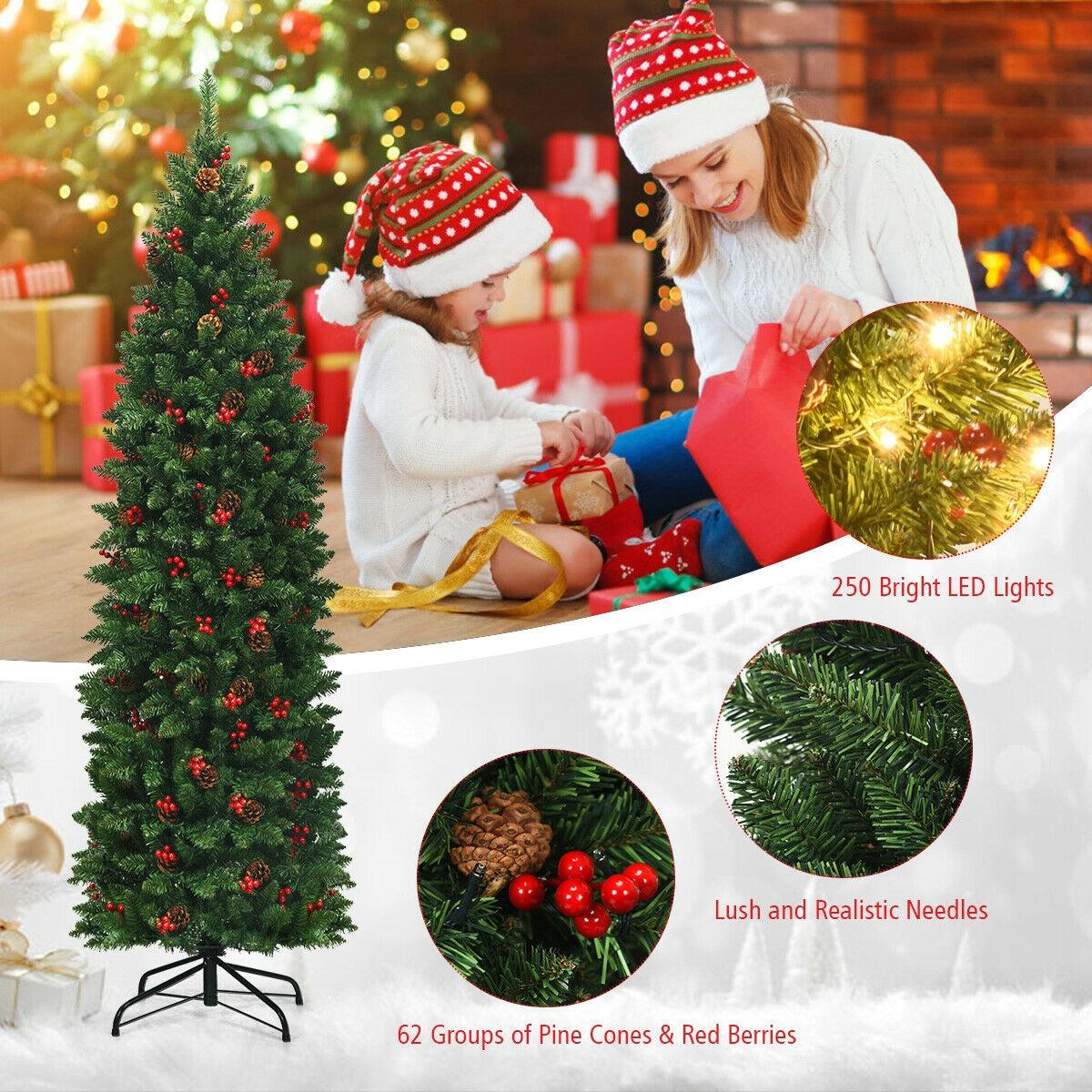 Costway 6.5Ft Pre-lit Hinged Pencil Christmas Tree w/Pine Cones Red Berries & 250 Lights