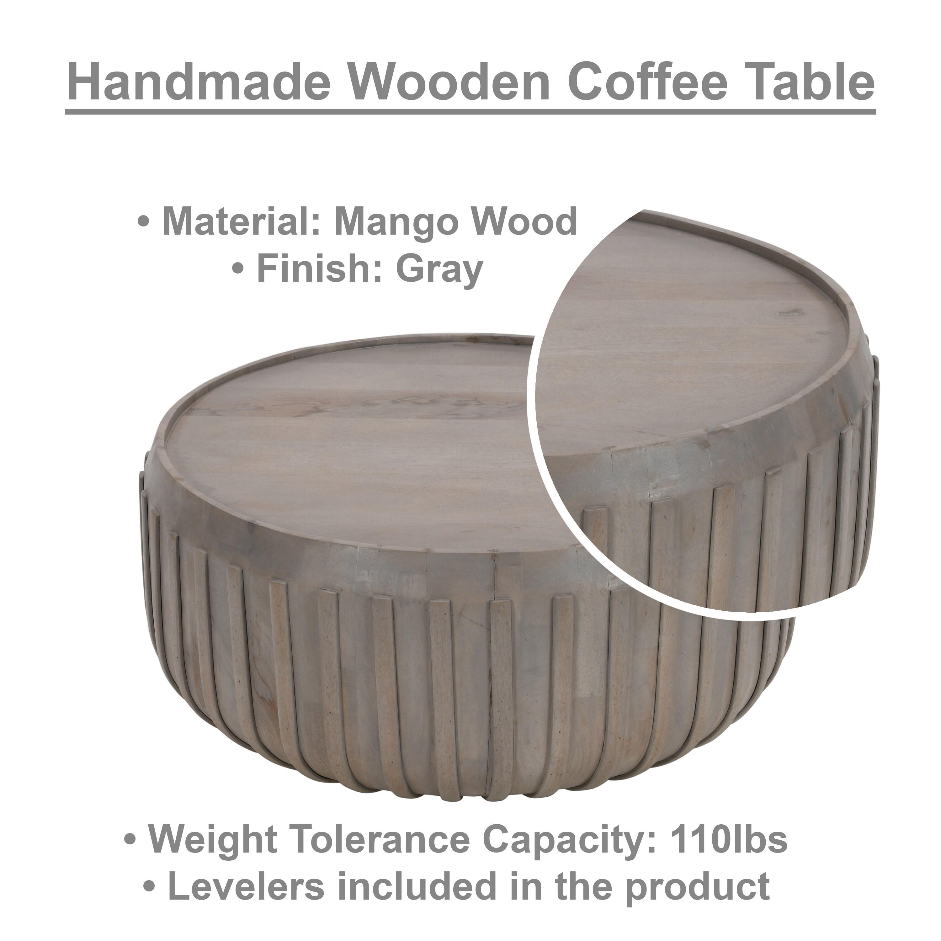 The Urban Port 36" Coffee Table Handcrafted Drum Shape with Ribbed Edges Gray Mango Wood Gray