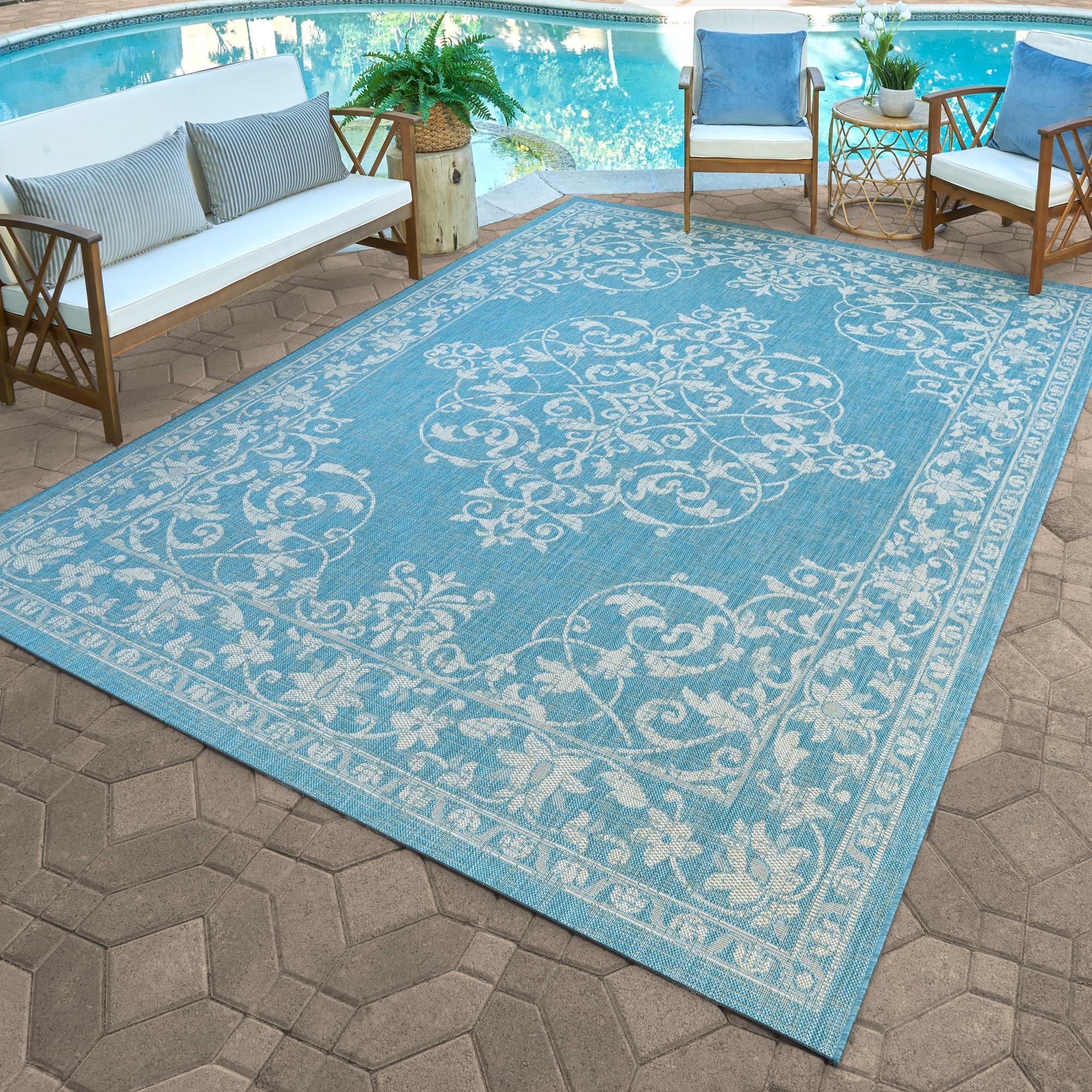 Gertmenian Paseo Ryoan Oasis Blue Traditional Floral Medallion Flatweave Indoor/Outdoor Area Rug