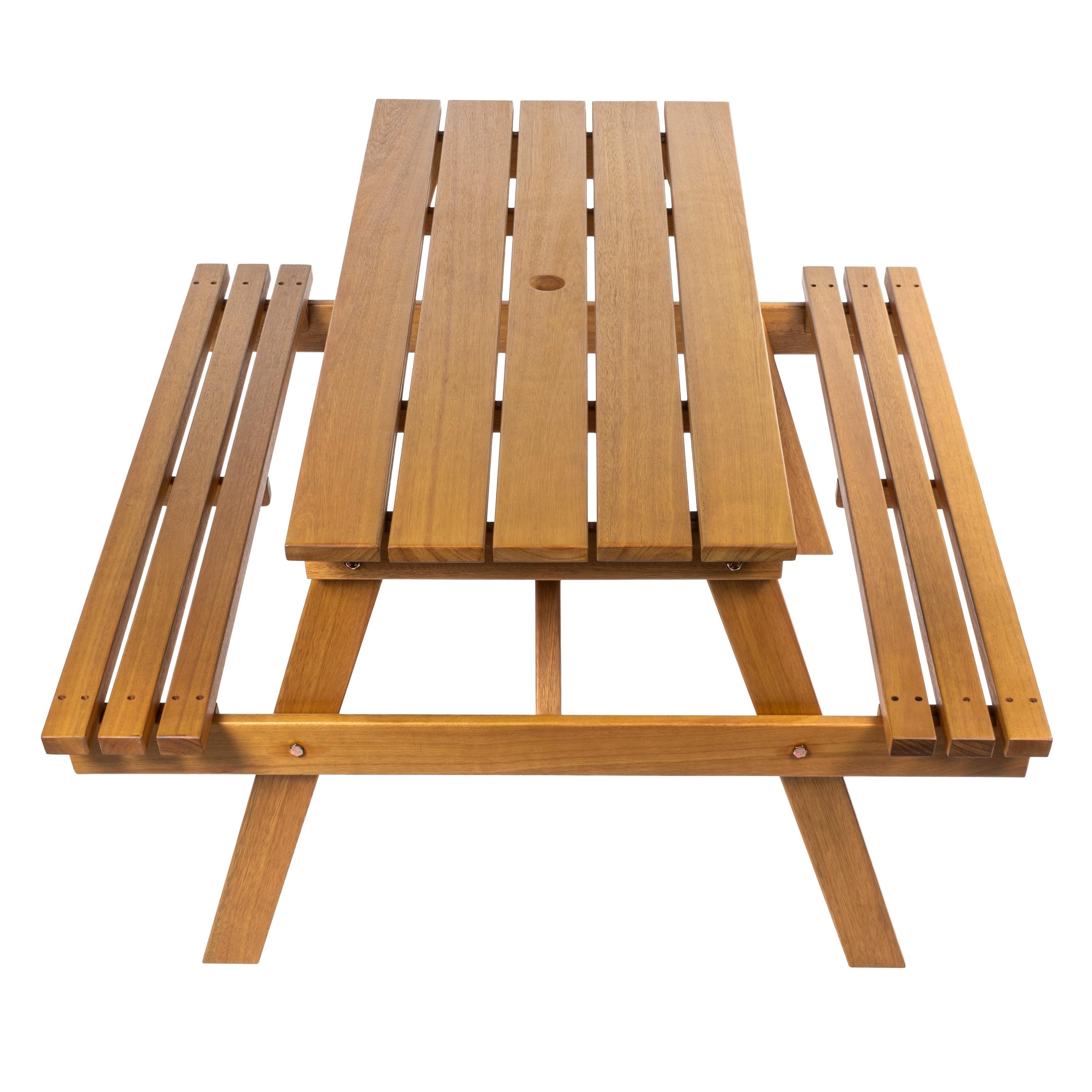 Shoreham 59" Modern Classic Outdoor Wood Picnic Table Benches with Umbrella Hole, Teak Brown - JONATHAN Y