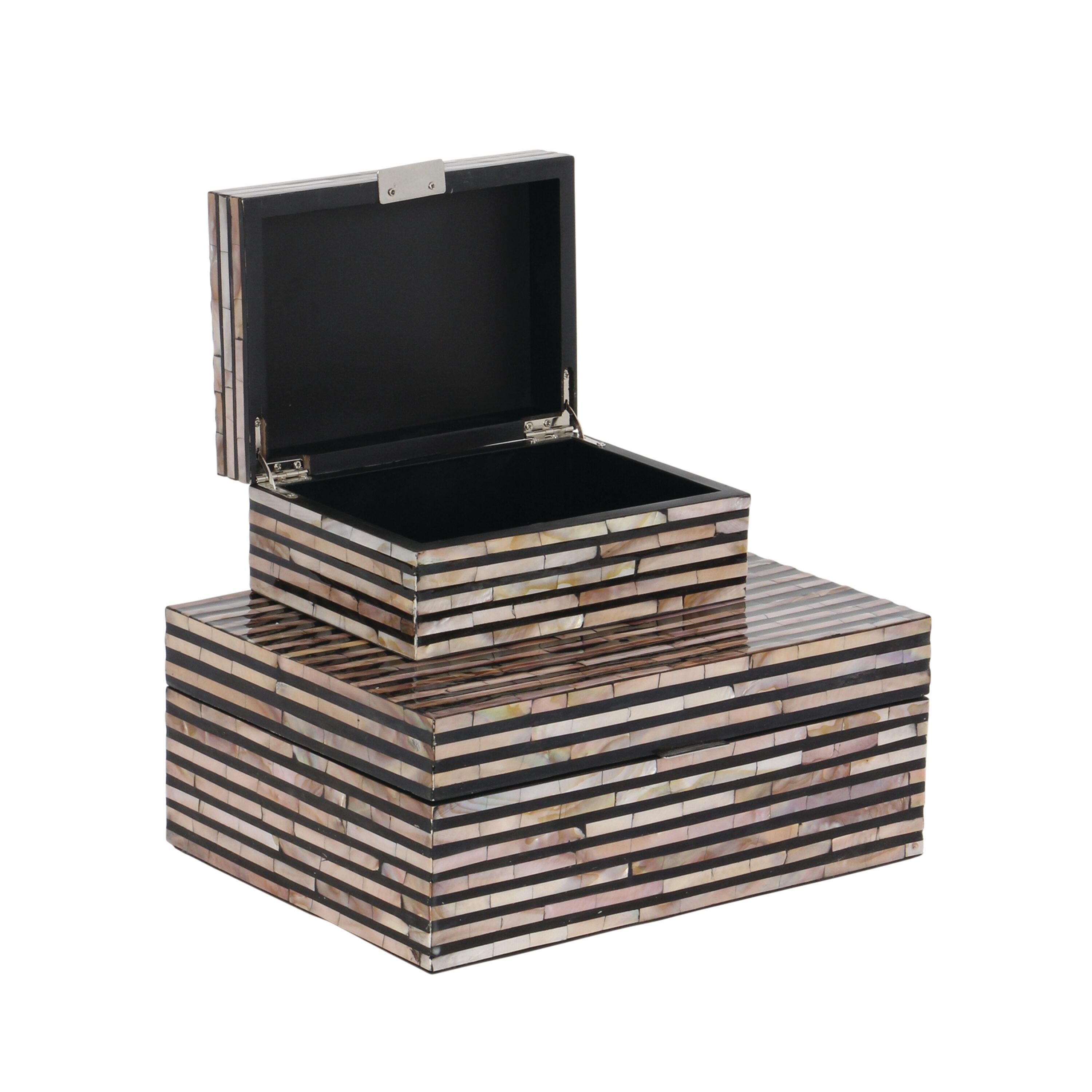 Set of 2 Modern Striped Wooden Boxes with Shell Inlay Black/Brown - Olivia & May