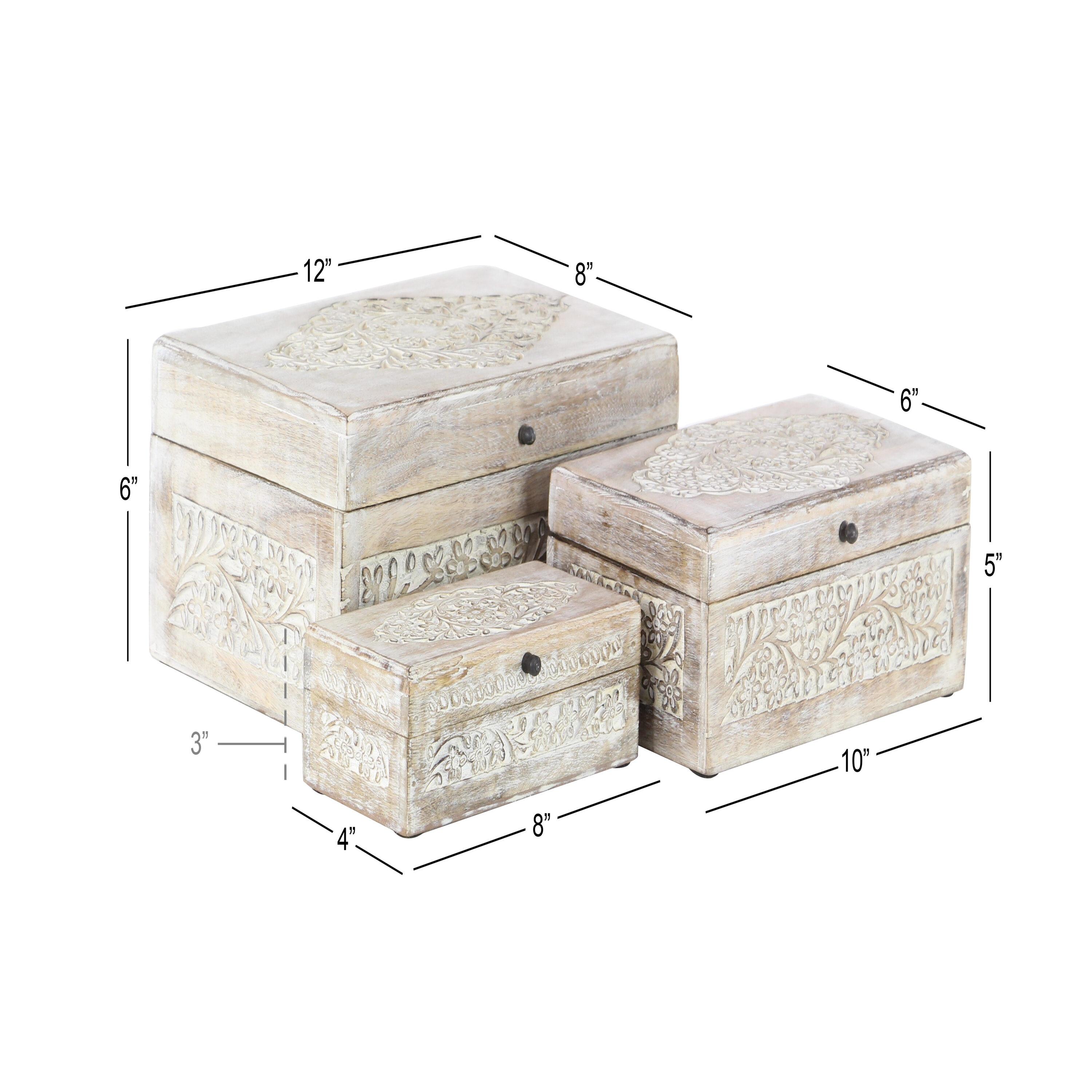 Set of 3 Natural Mango Wood Whitewashed Carved Design Boxes with Lid - Olivia & May