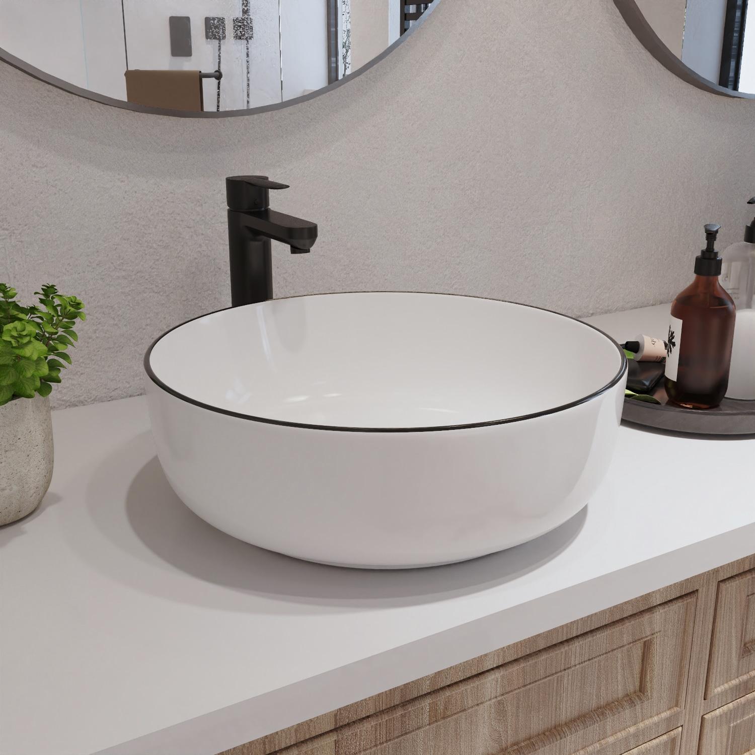 DeerValley Symmetry 16'' Circular White/Black Ceramic Vessel Bathroom Sink