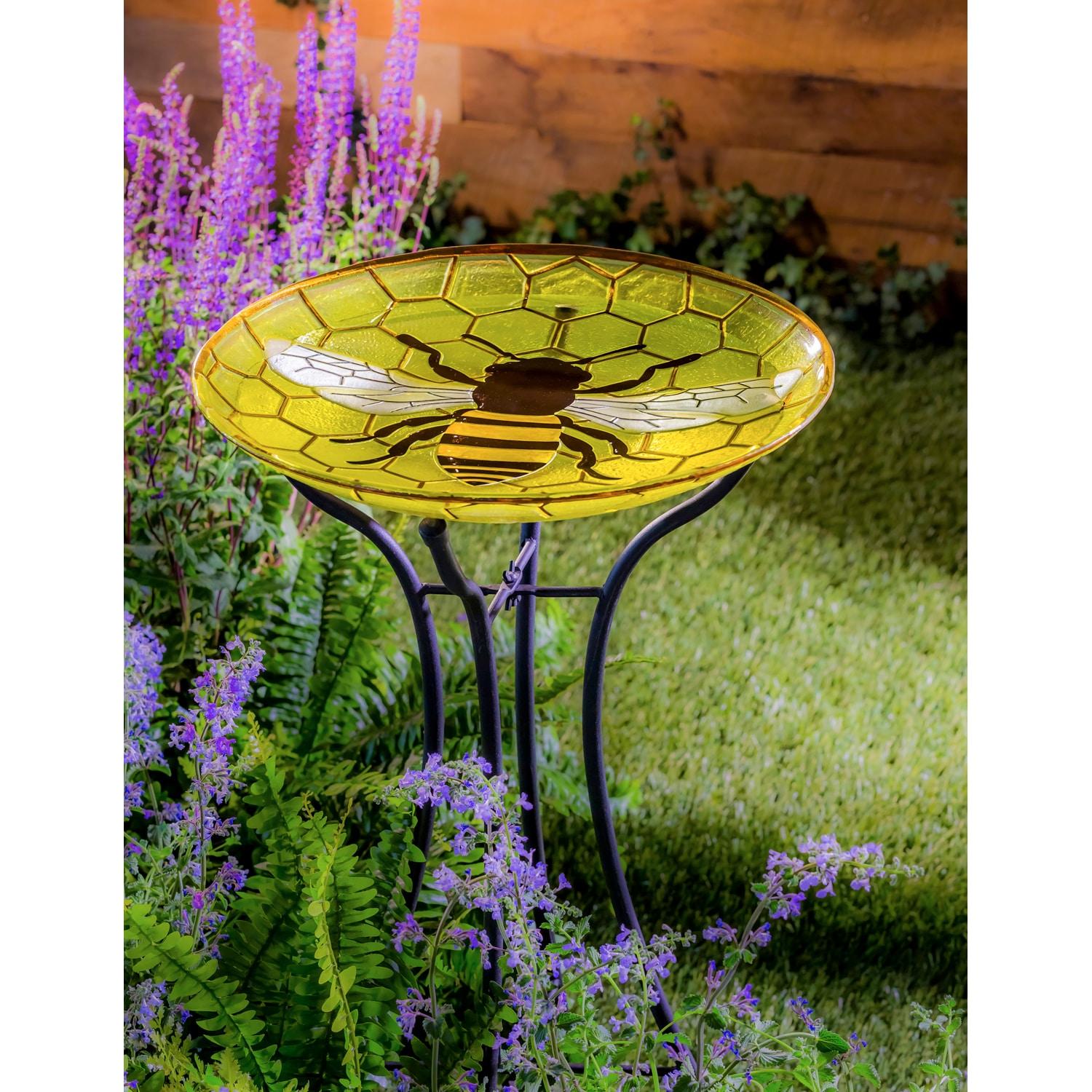 Evergreen 18" Glass Bird Bath, Bee, 18'' x 3'' x 18'' inches