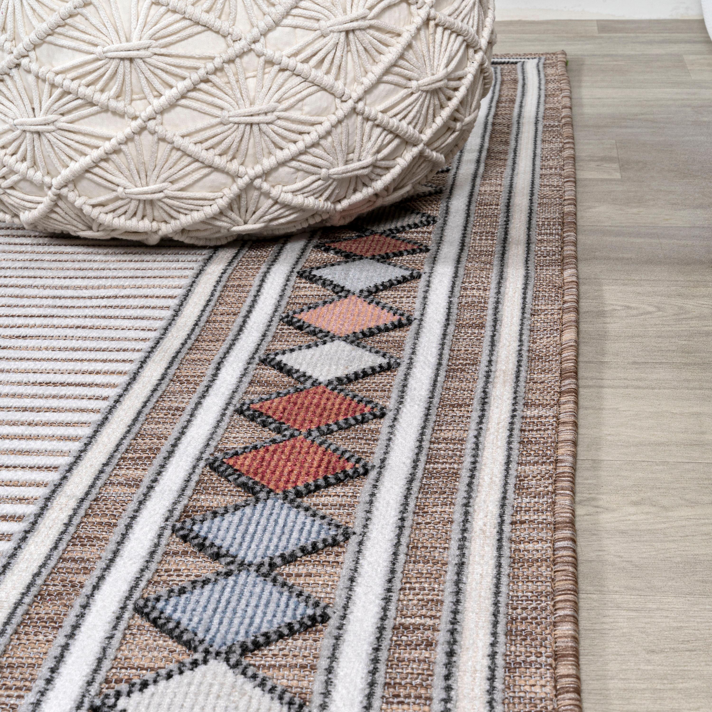 JONATHAN Y Sebastian High-Low Modern Diamond Border Brown/Ivory 3 ft. x 5 ft. Indoor/Outdoor Area Rug