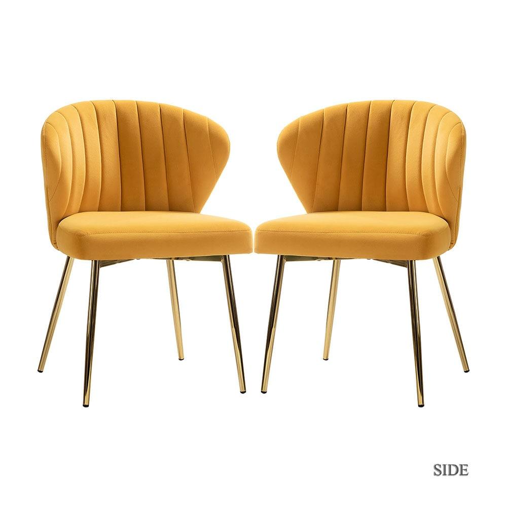 Home Kitchen Velvet Fall Dining Chairs Set of 2 Upholstered Side Chairs Accent Channel Tufted Metal Legs Living Room Bedroom Mustard