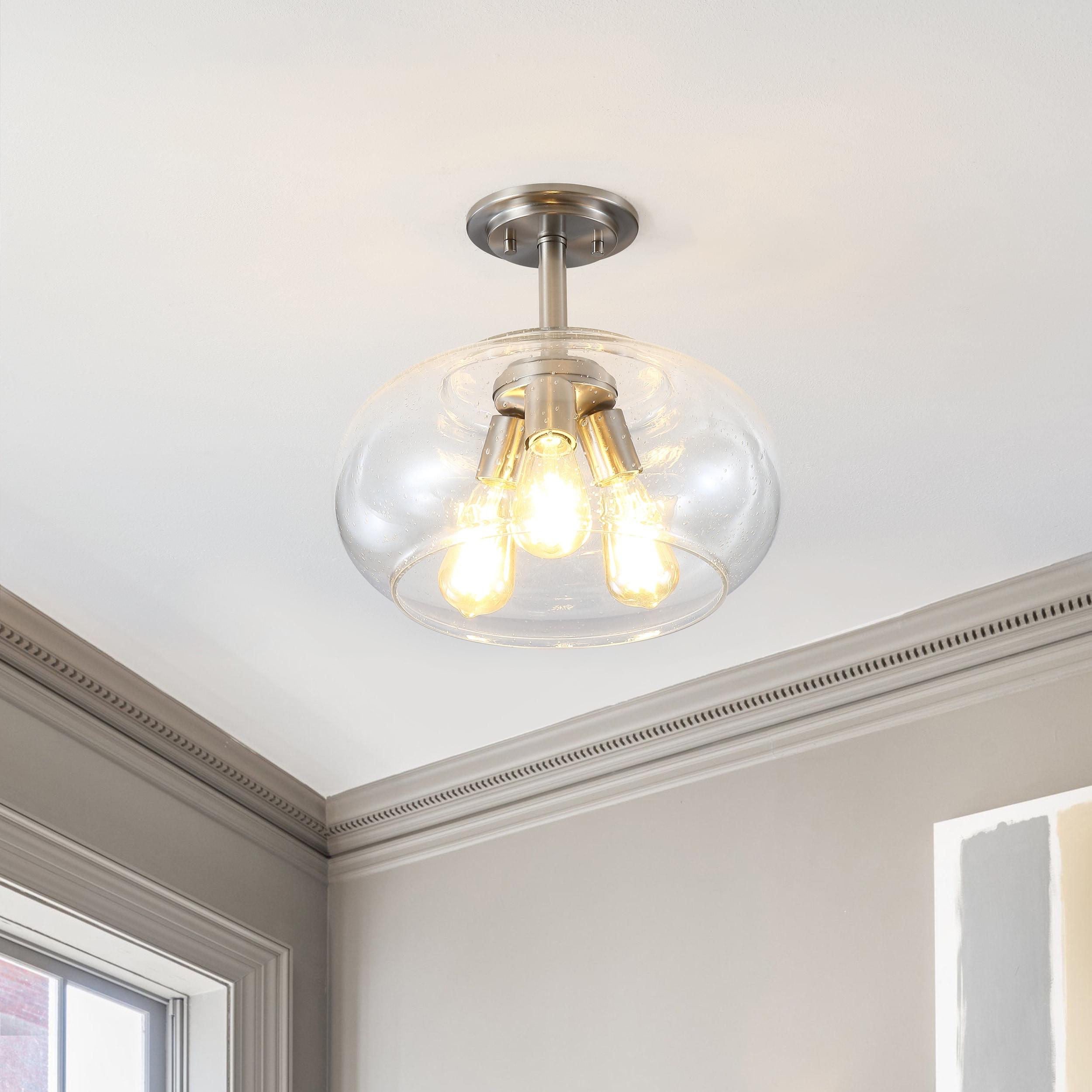 Lina 13.75" 3-Light Modern Industrial Iron/Seeded Glass LED Semi Flush Mount, Nickel/Clear