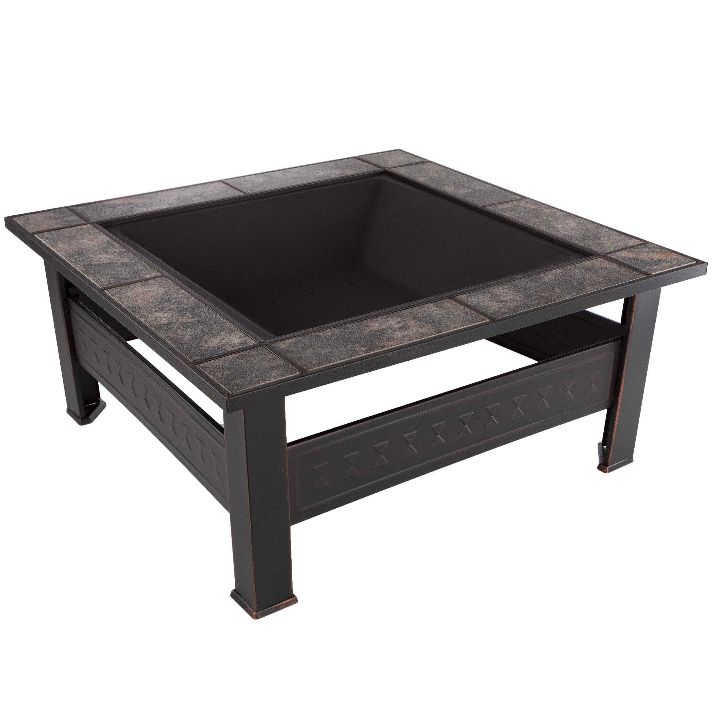 Nature Spring 32" Square Outdoor Fire Pit - Bronze Finish, Black/Orange Tiles
