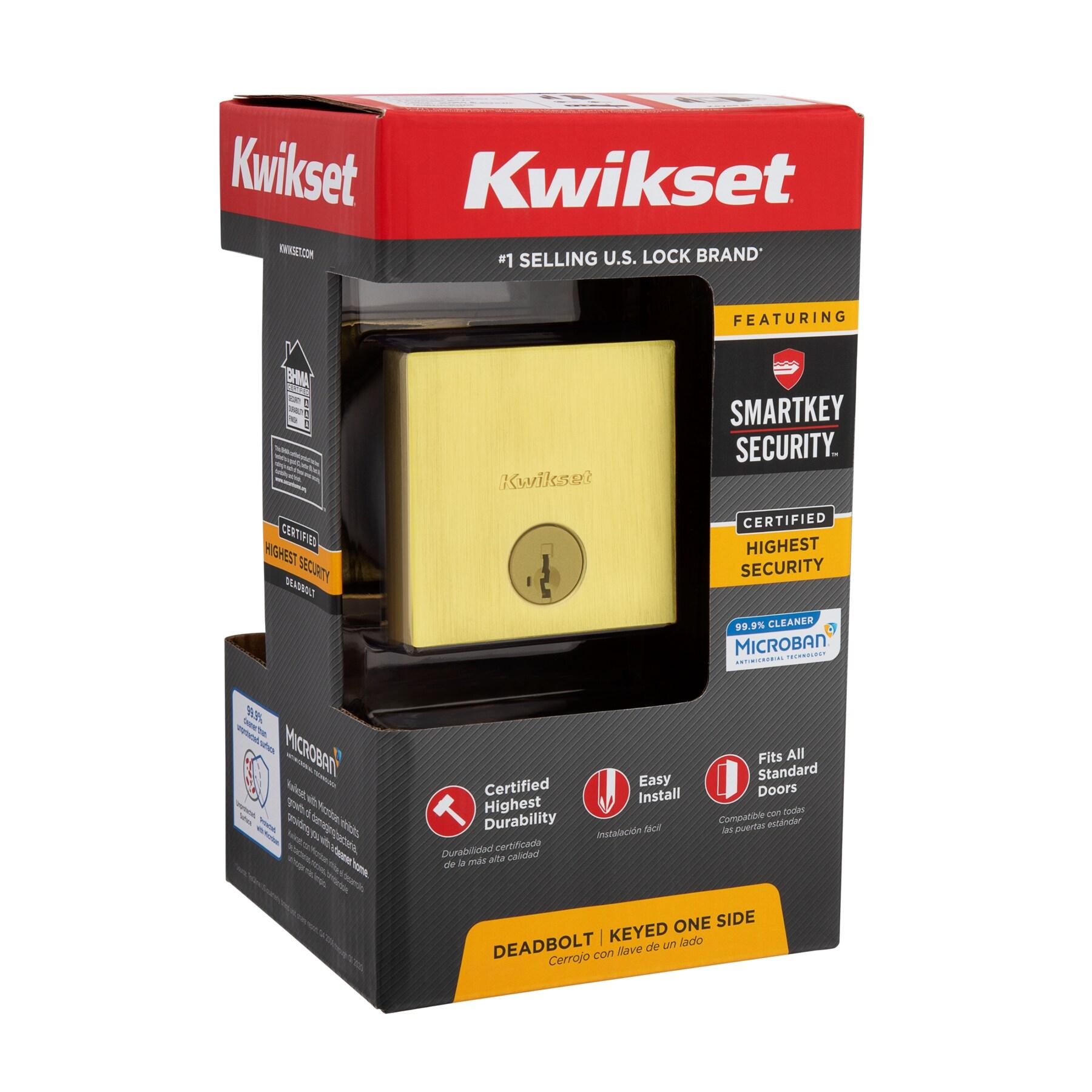 Kwikset Downtown Deadbolt Lock, Satin Brass Square Exterior Keyed Front Entry Door, Pick Resistant SmartKey Rekey Security, Single Cylinder Dead Bolt, with Microban Protection