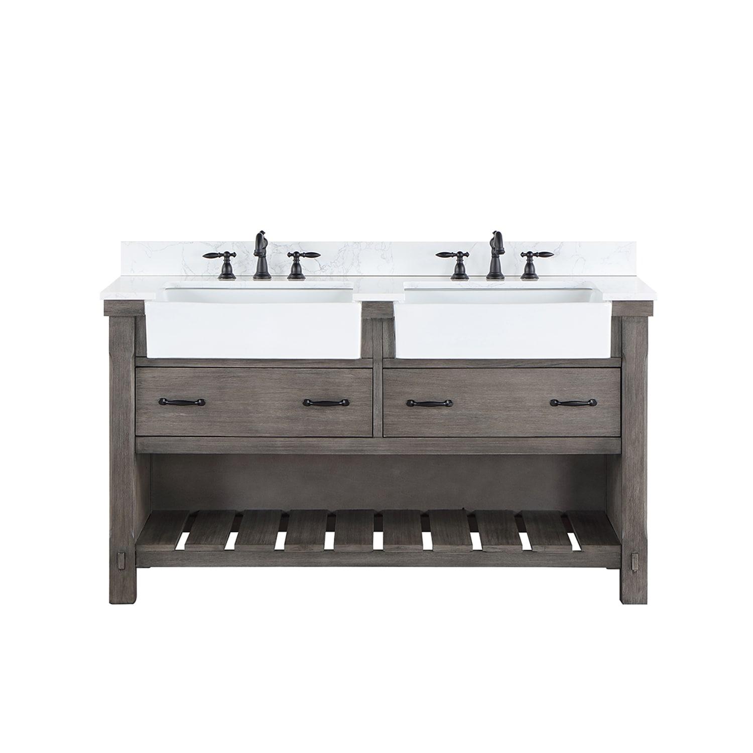 60 in. Villareal Double Bathroom Vanity, Classical Grey with Composite Stone Top in White, White Farmhouse Basin