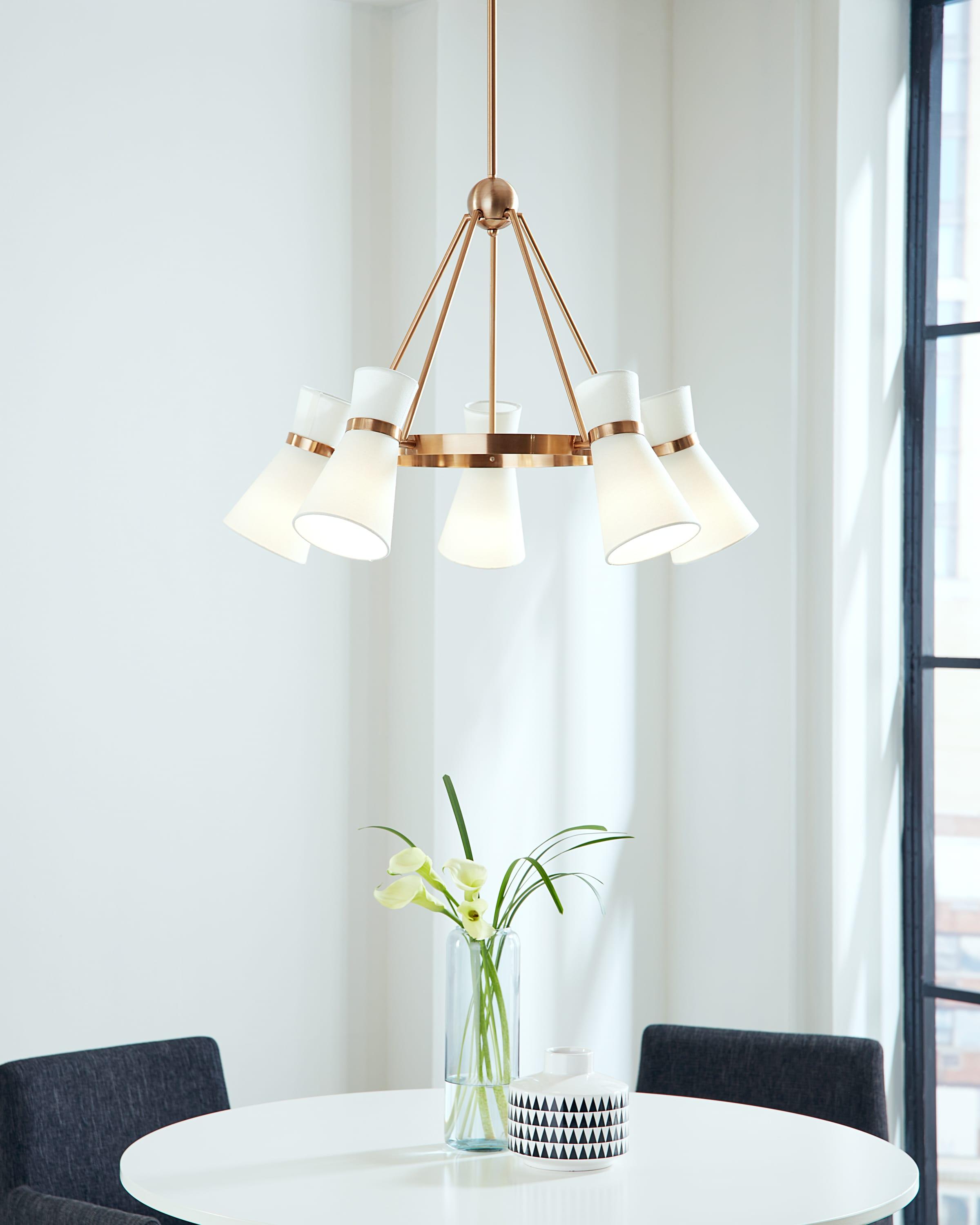 Satin Brass 5-Light Chandelier with White Linen Shades