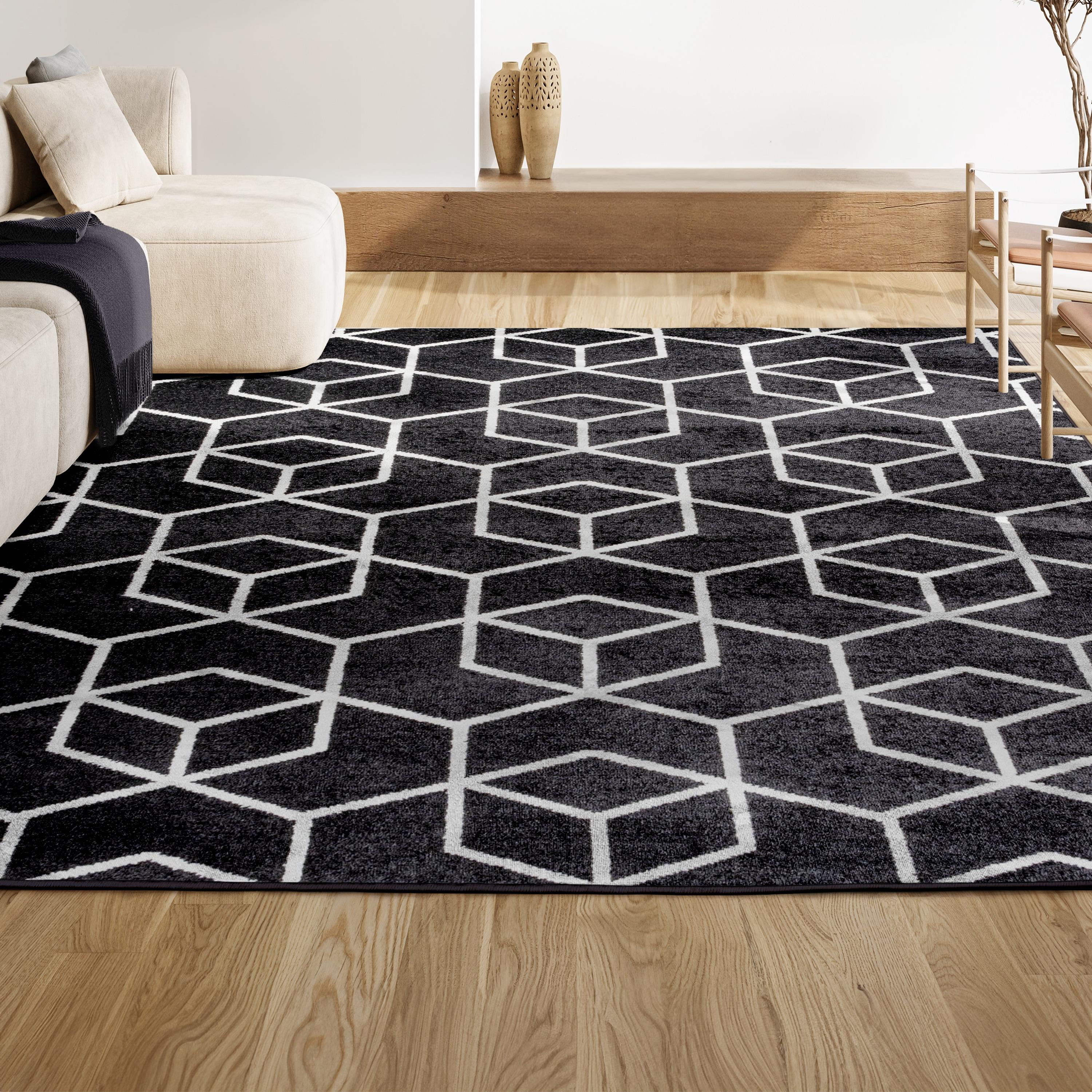 3'x5' Tumbling Blocks Modern Geometric Area Rug, Black/White - JONATHAN Y