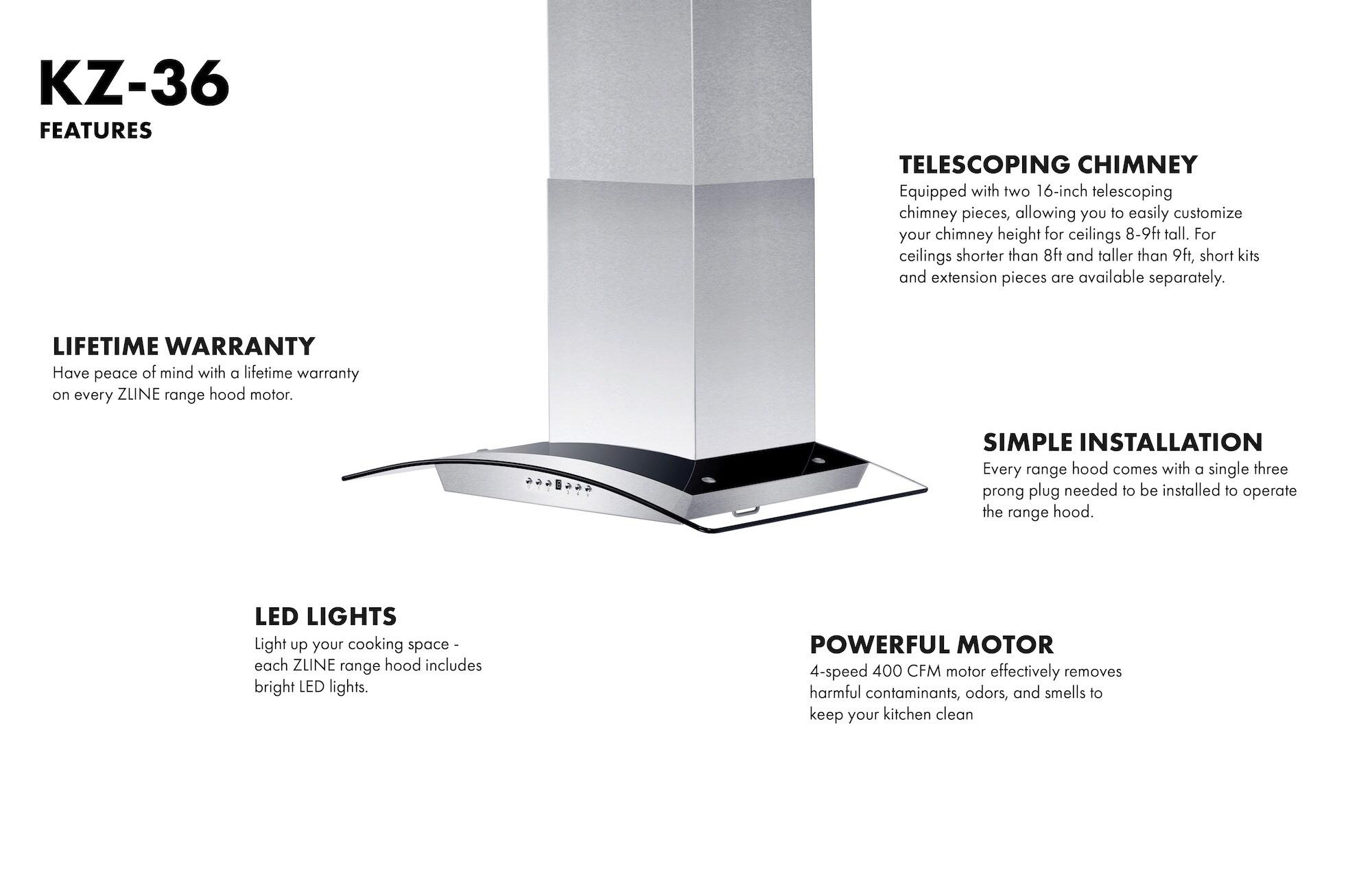 ZLINE 36 in. Convertible Vent Wall Mount Range Hood in Stainless Steel & Glass (KZ-36)