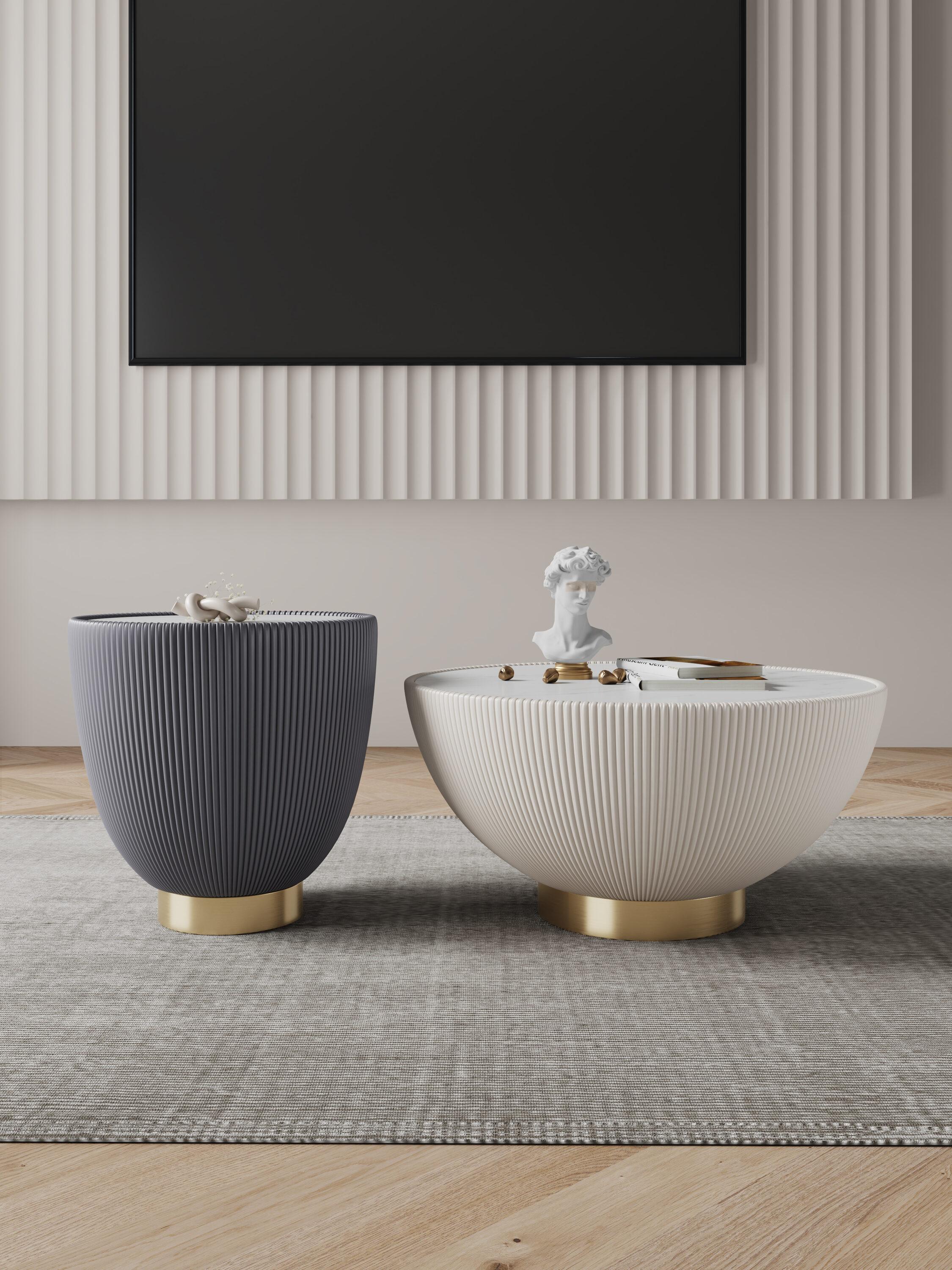 Manhattan Comfort 2pc Anderson Leatherette Upholstered Coffee Table and End Table Set Cream/Gray: Gold Finish, No Assembly Required