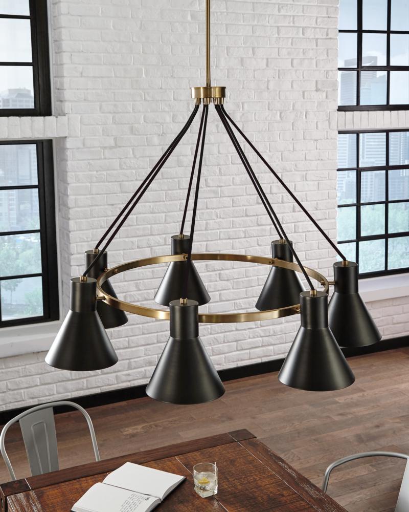 Satin Brass 5-Light Chandelier with Black Steel Shade
