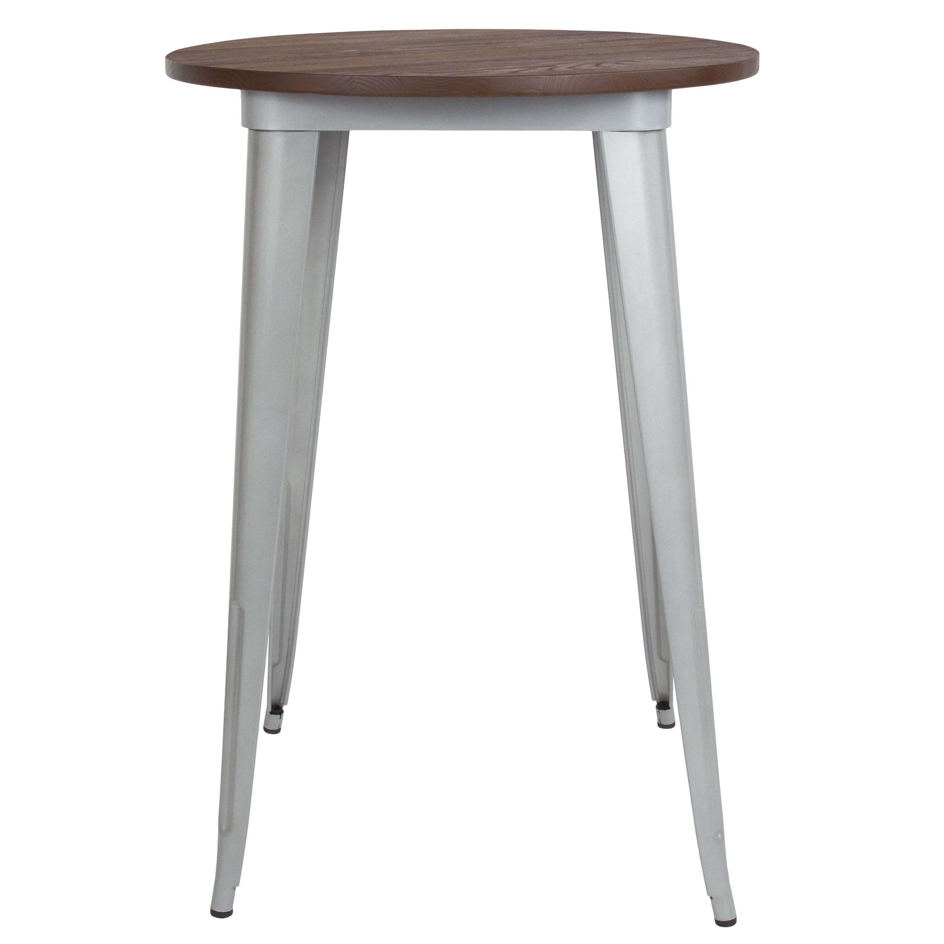 Flash Furniture 30" Round Silver Metal Indoor Bar Height Table with Walnut Rustic Wood Top