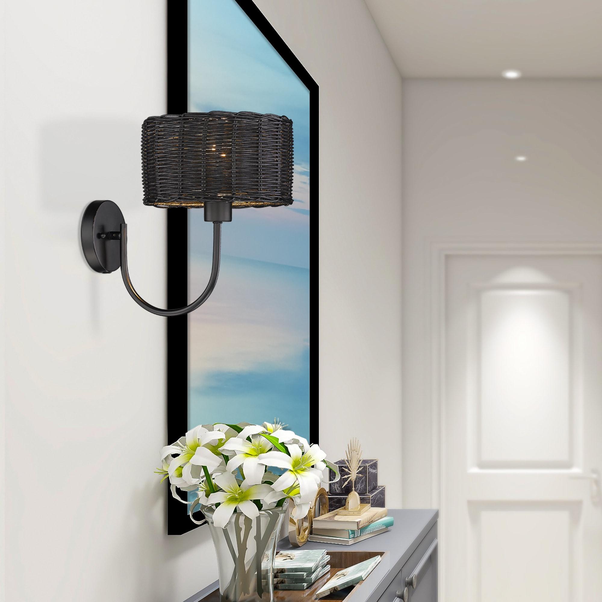 Golden Lighting Erma 1-Light Wall Sconce in Matte Black with Black Wicker