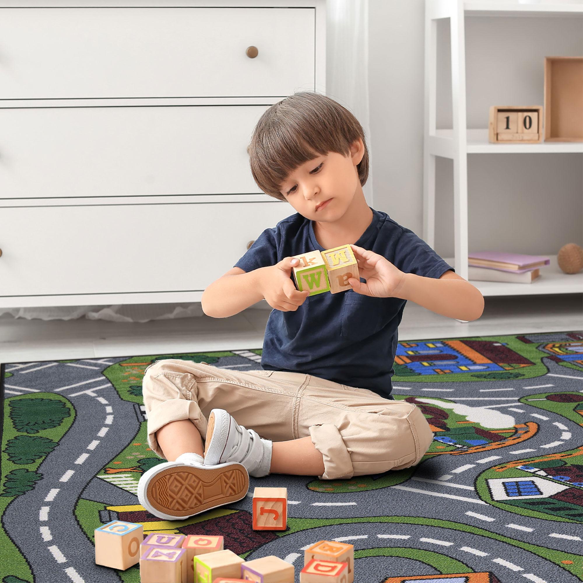 Ottomanson Children Car Road Map 5x7 Washable Non-Slip Area Rug for Kids Playroom, 5' x 6'6", Green/Multicolor